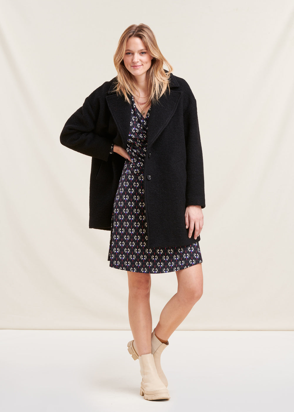Manteau 3/4 uni coupe ample
