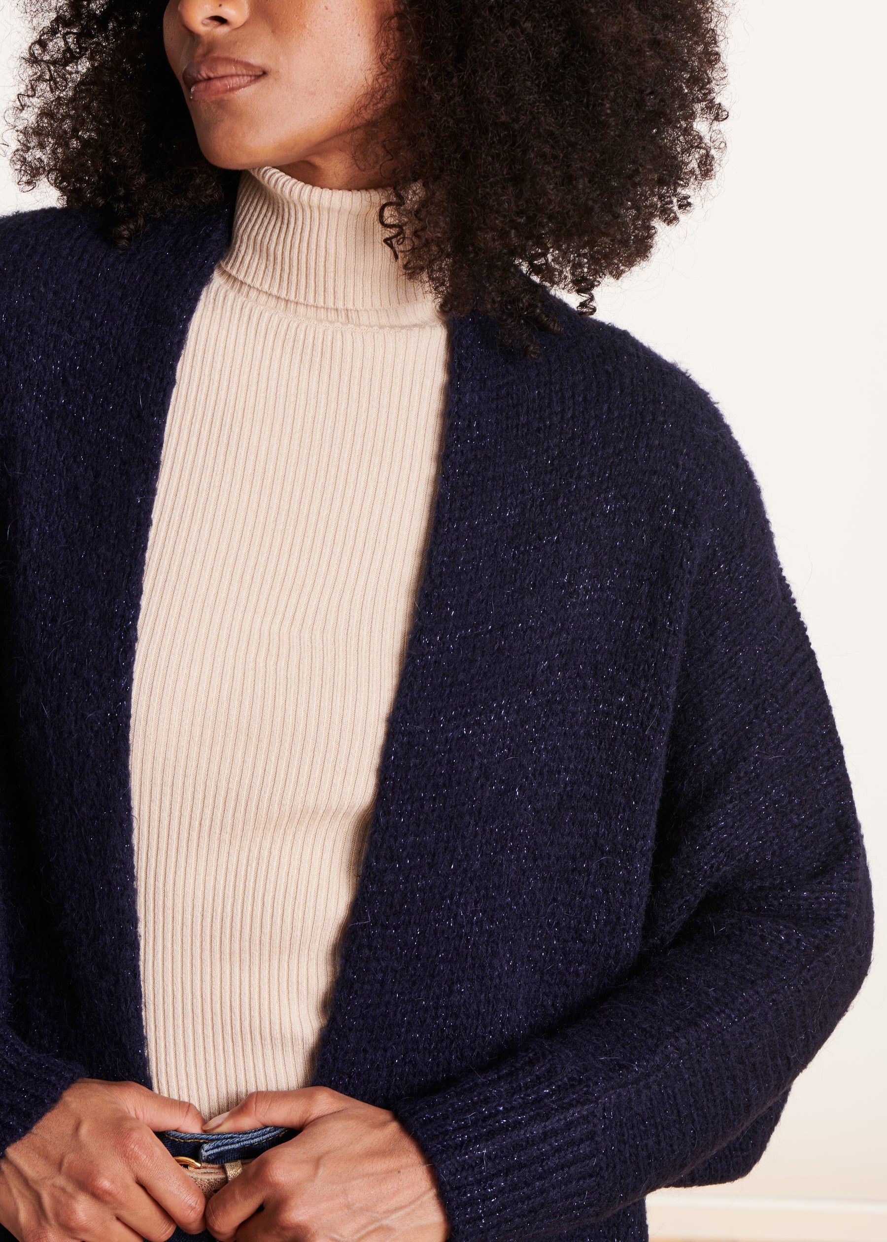 Gilet mi-long bleu marine oversize en maille irisée