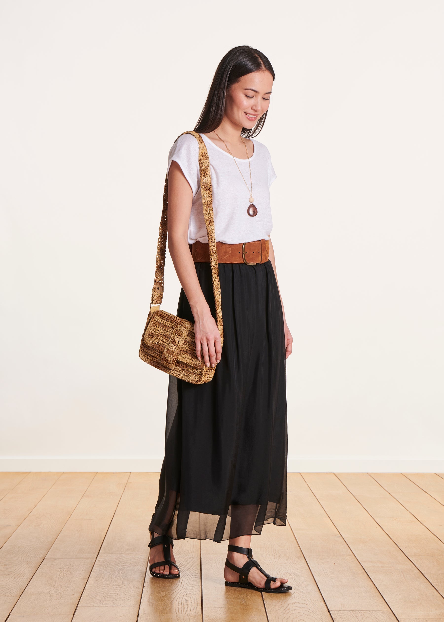 Jupe longue noire en voile taille élastique