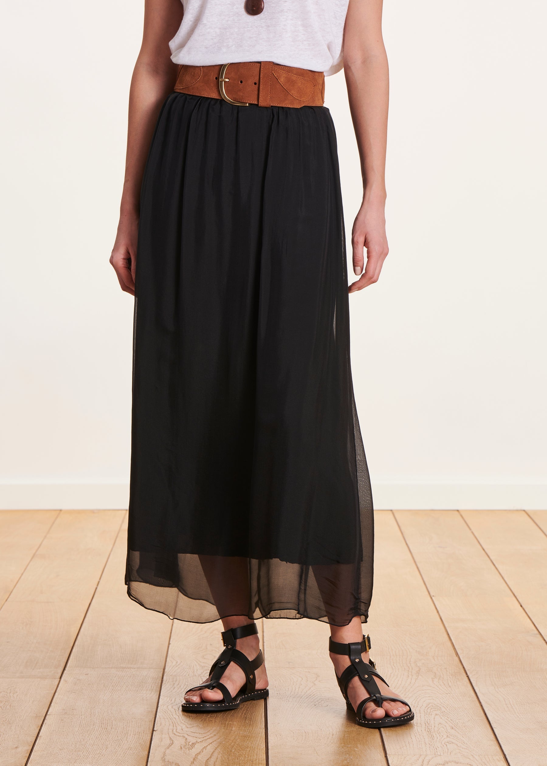 Jupe longue noire en voile taille élastique