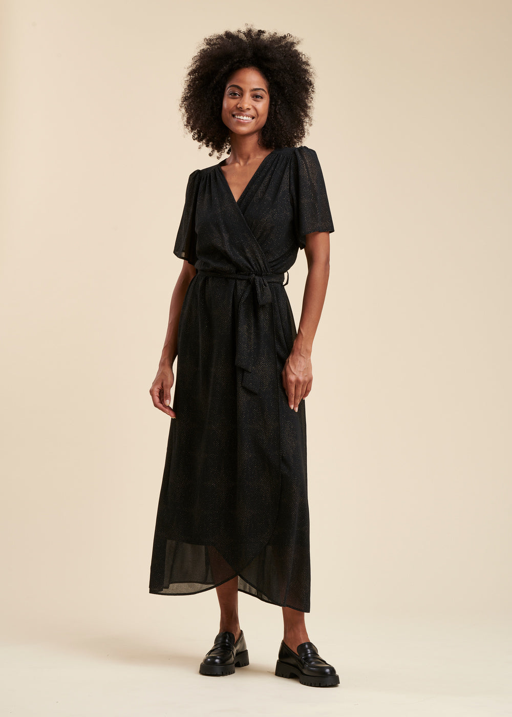 Robe longue faux portefeuille en voile imprimé pailleté