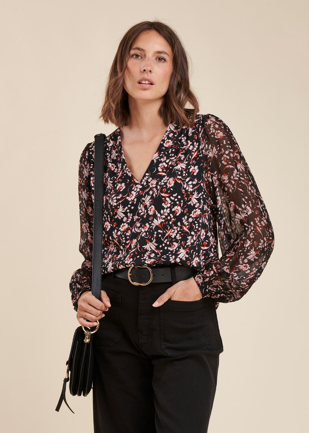 Top bi-matière à imprimé fleuri