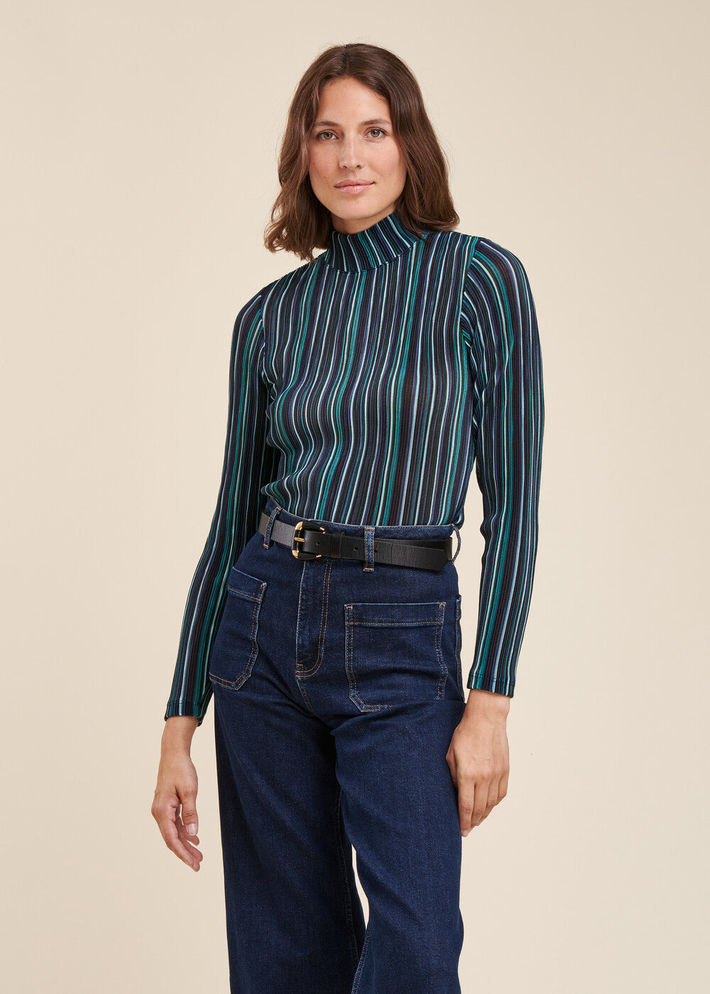 Tee-shirt col roulé rayures multiclores