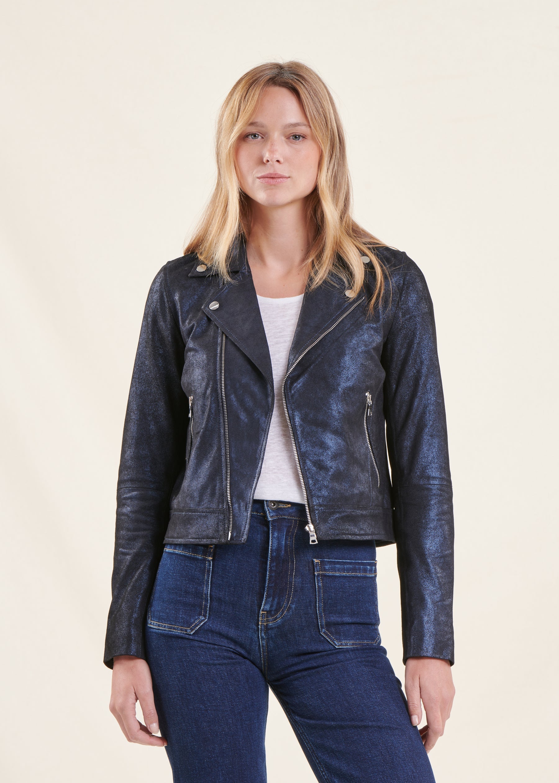 Blouson cuir bleu marine coupe biker