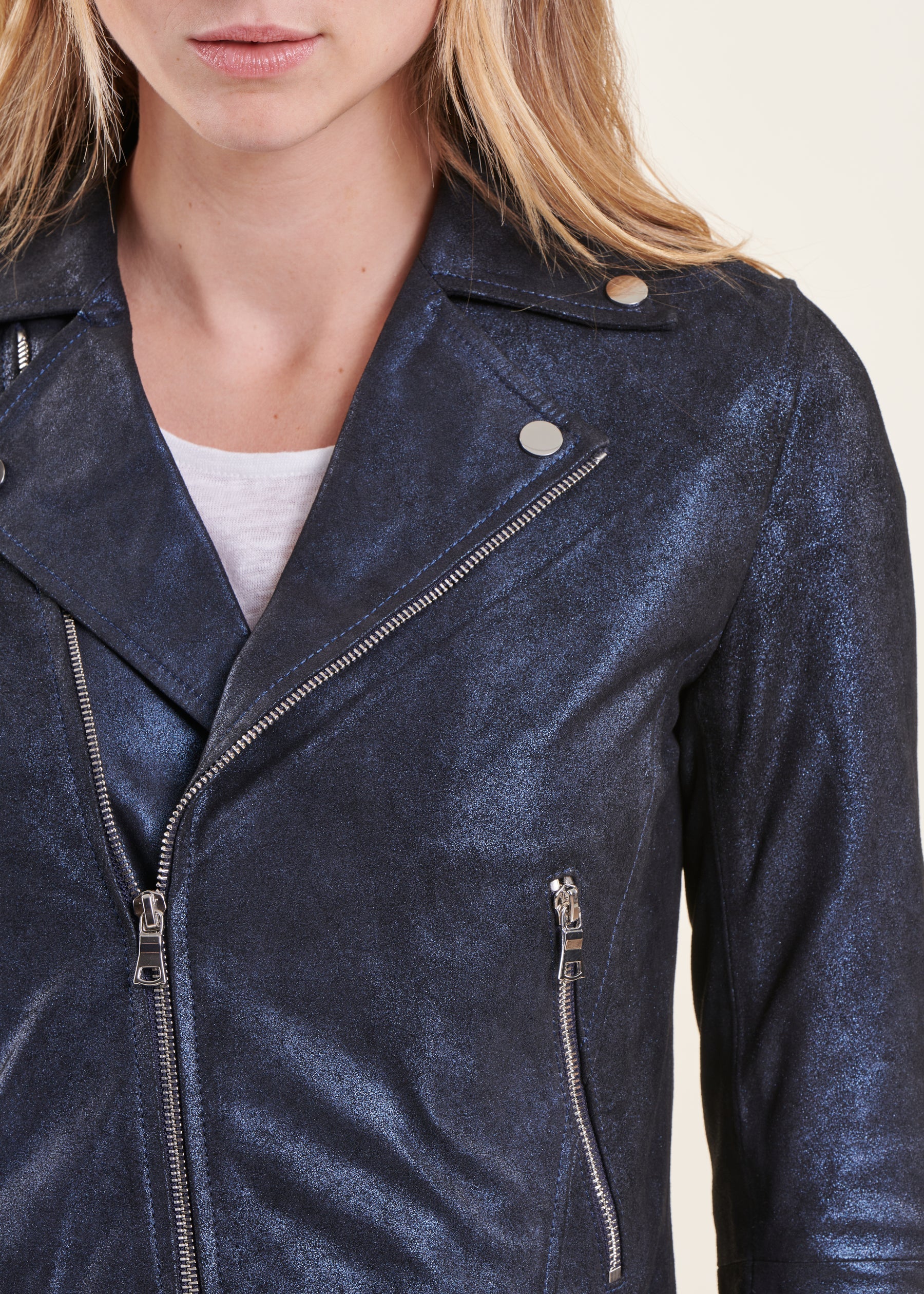 Blouson cuir bleu marine coupe biker