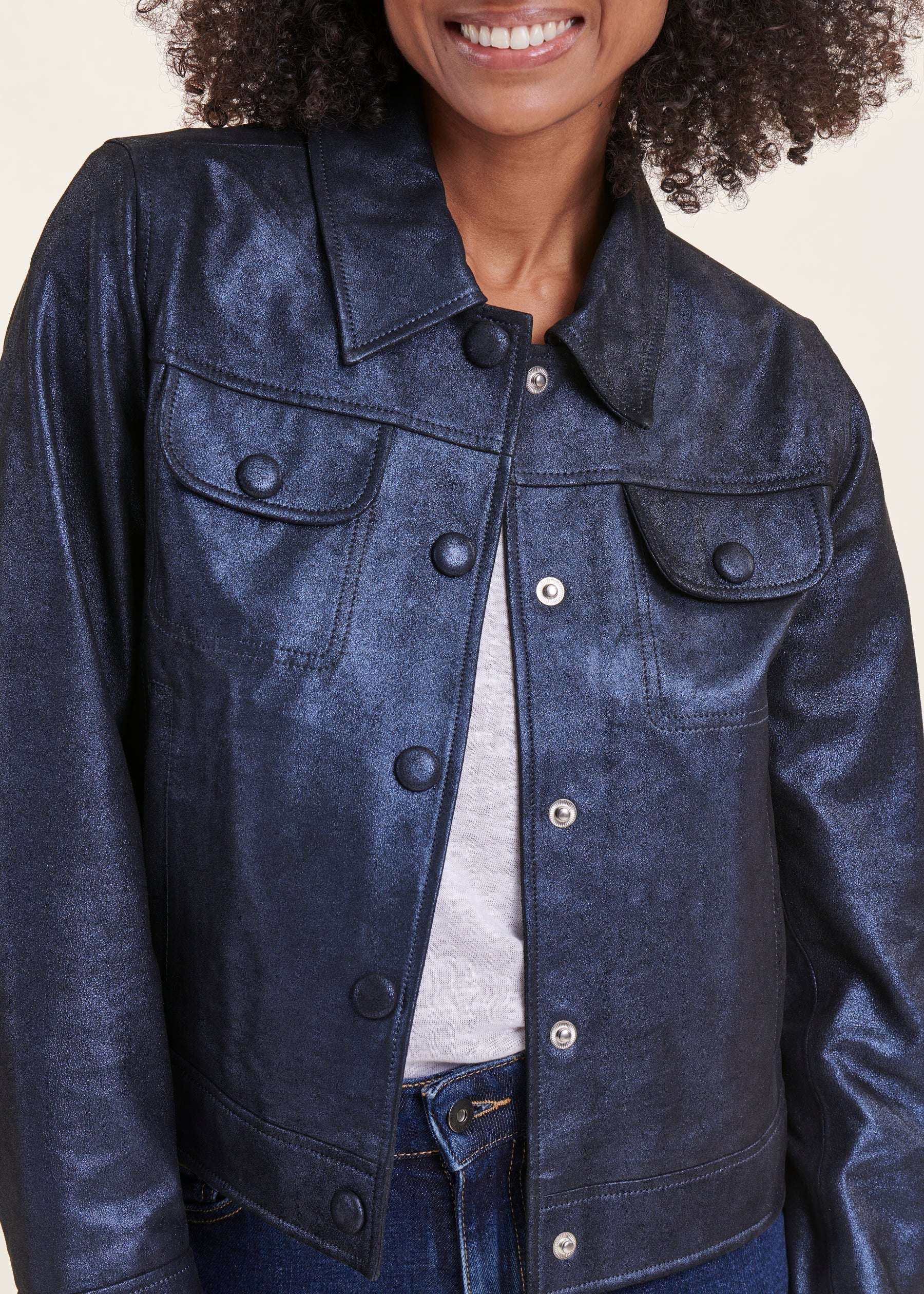 Blouson bleu marine en cuir