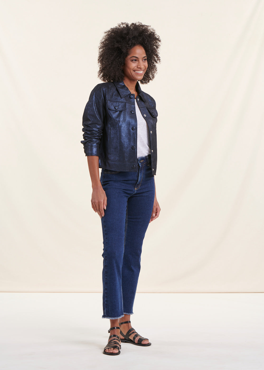 Blouson bleu marine en cuir