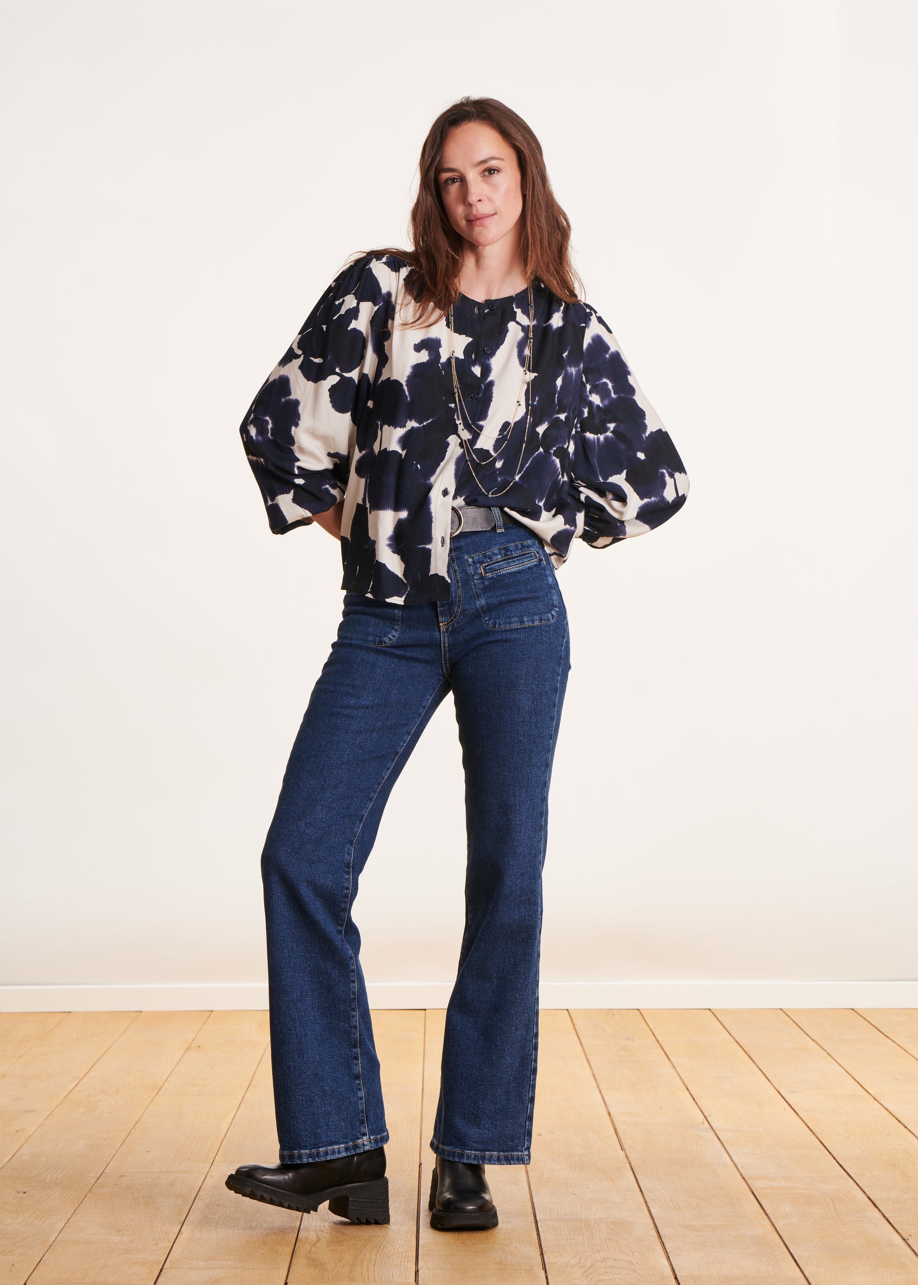 Chemisier ample bleu imprimé fleuri