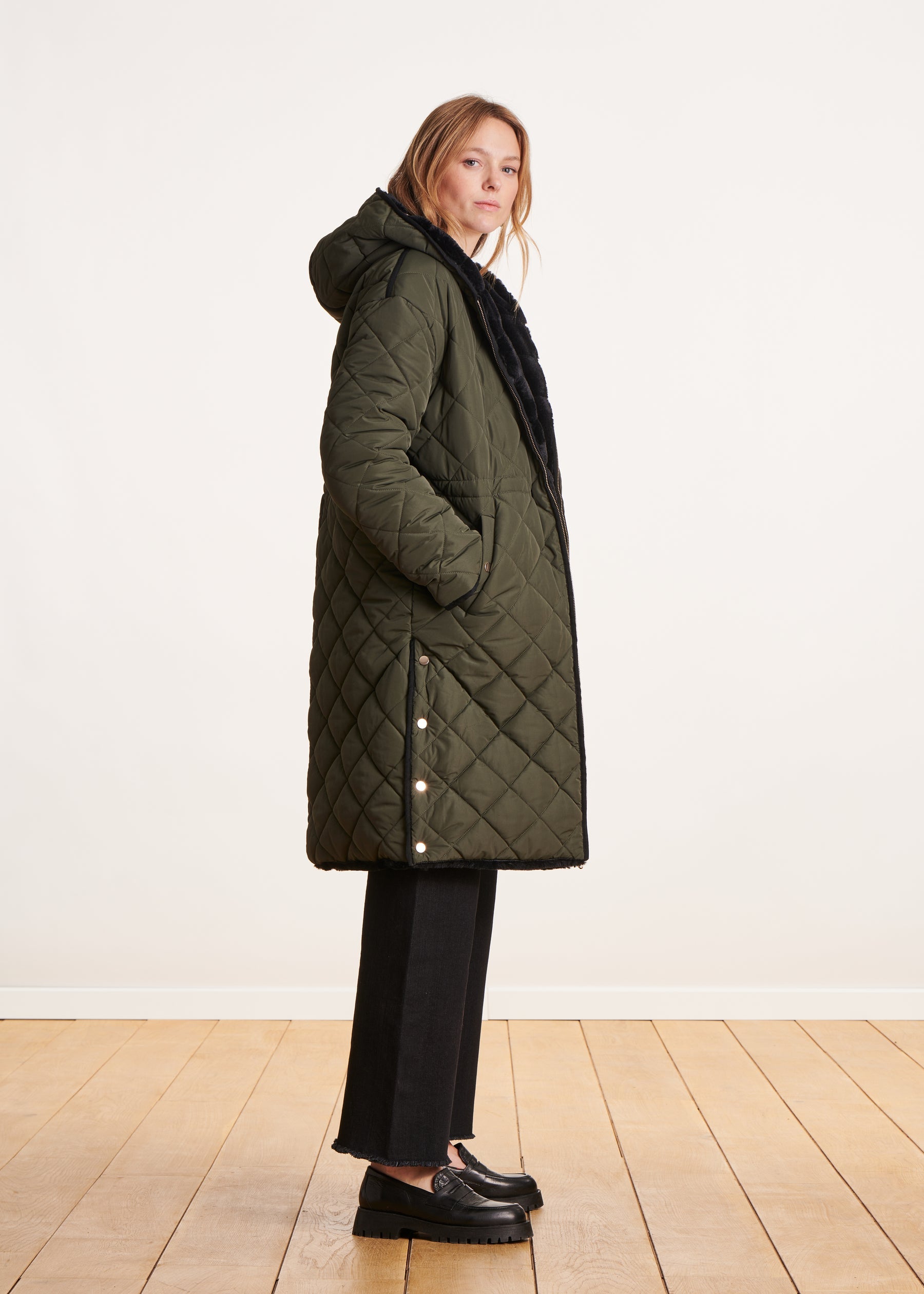 Doudoune kaki longue réversible à capuche