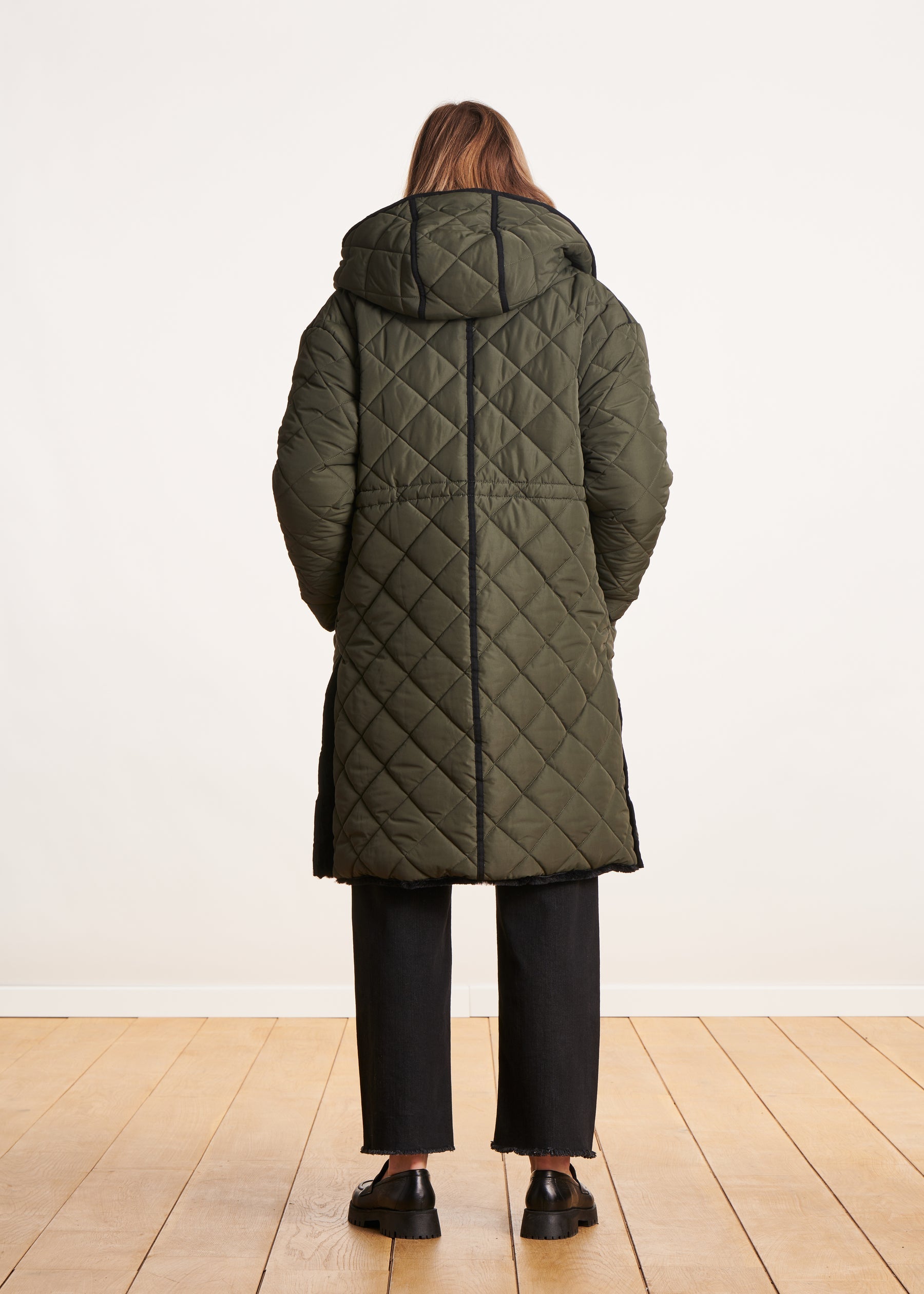 Doudoune kaki longue réversible à capuche