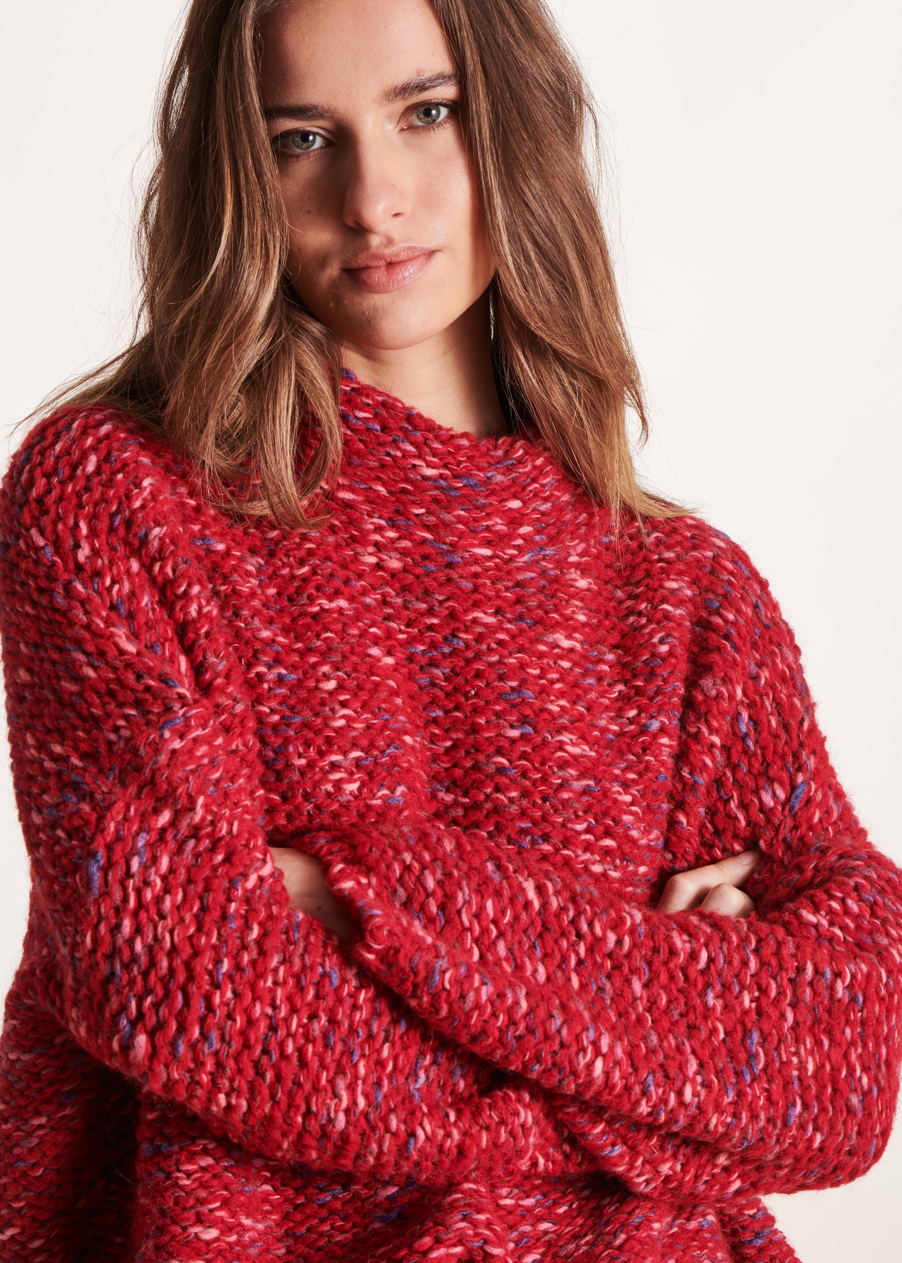 Pull oversize rouge à manches longues maille fantaisie
