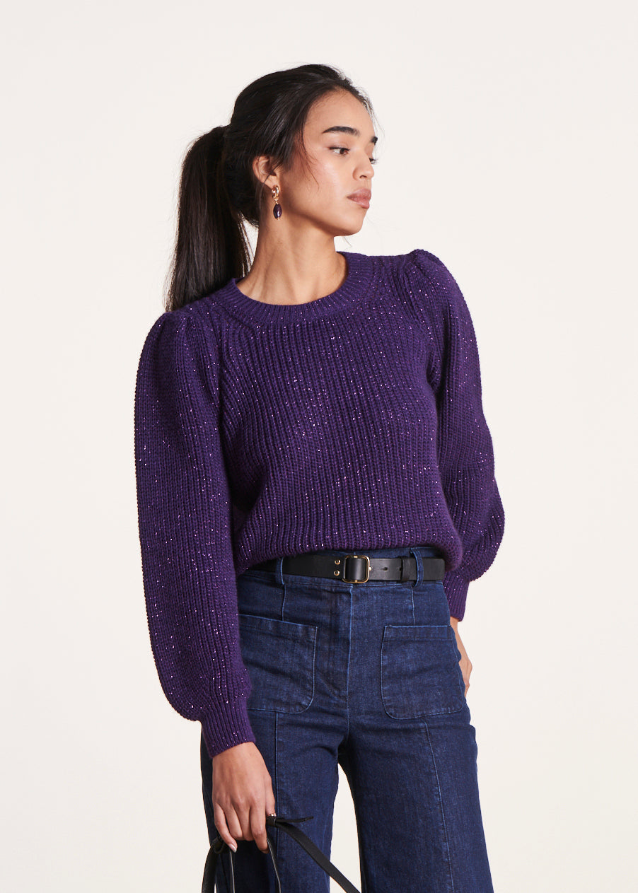 Pull court violet col rond en maille irisée