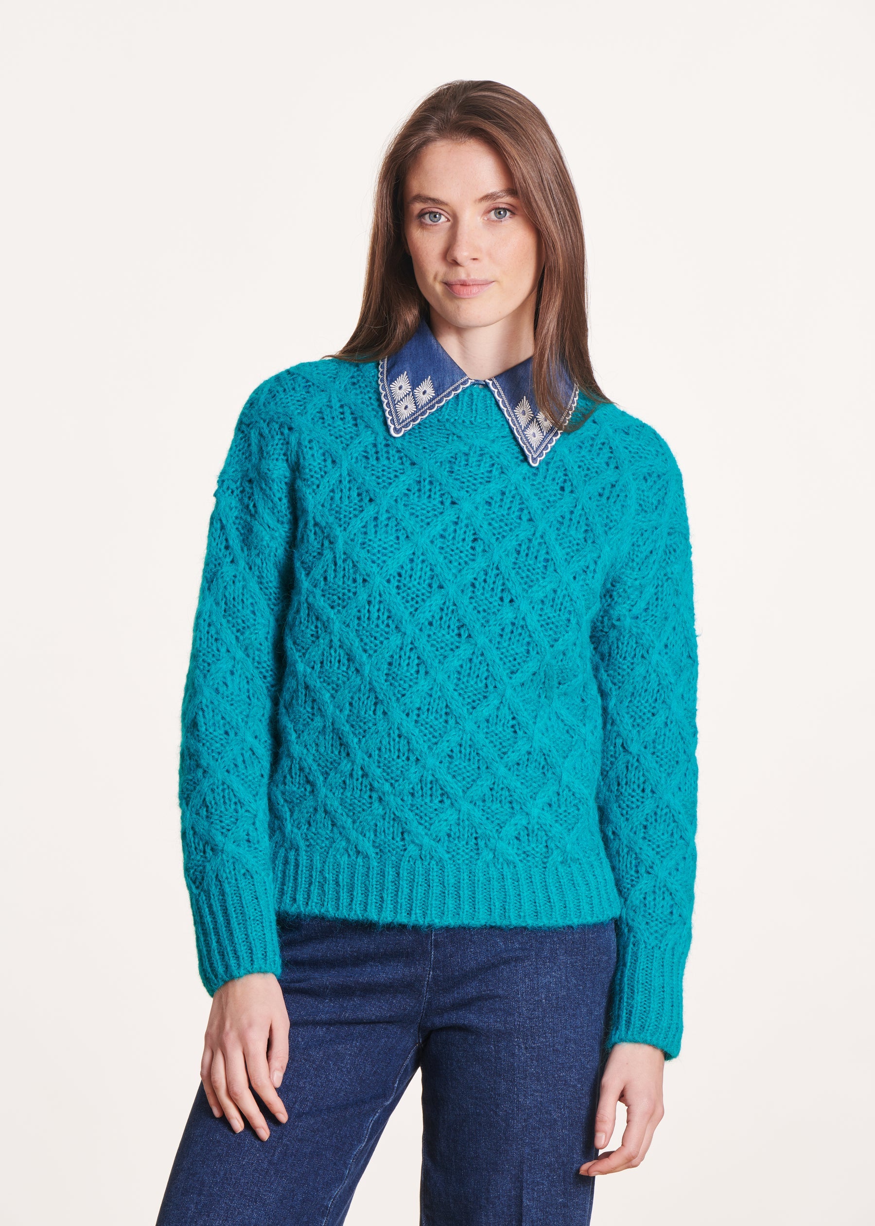 Pull turquoise col rond maille fantaisie