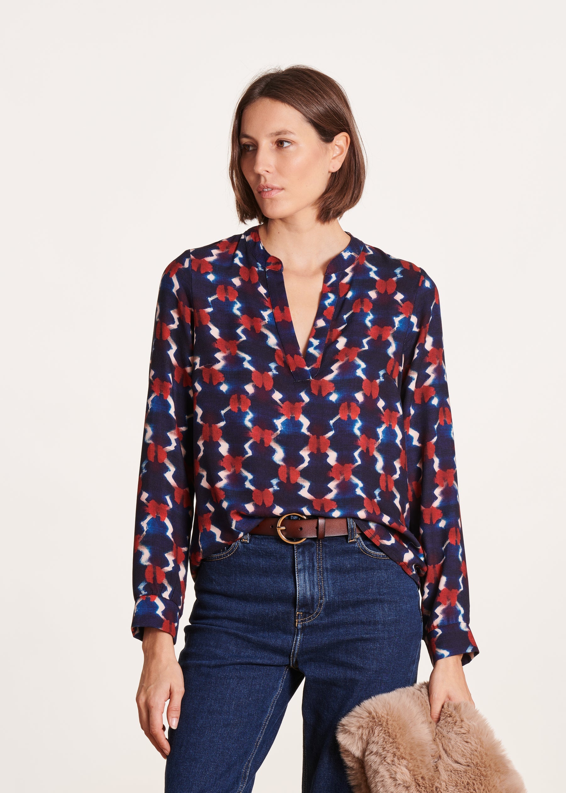 Top manches longues à imprimé bleu et rouge
