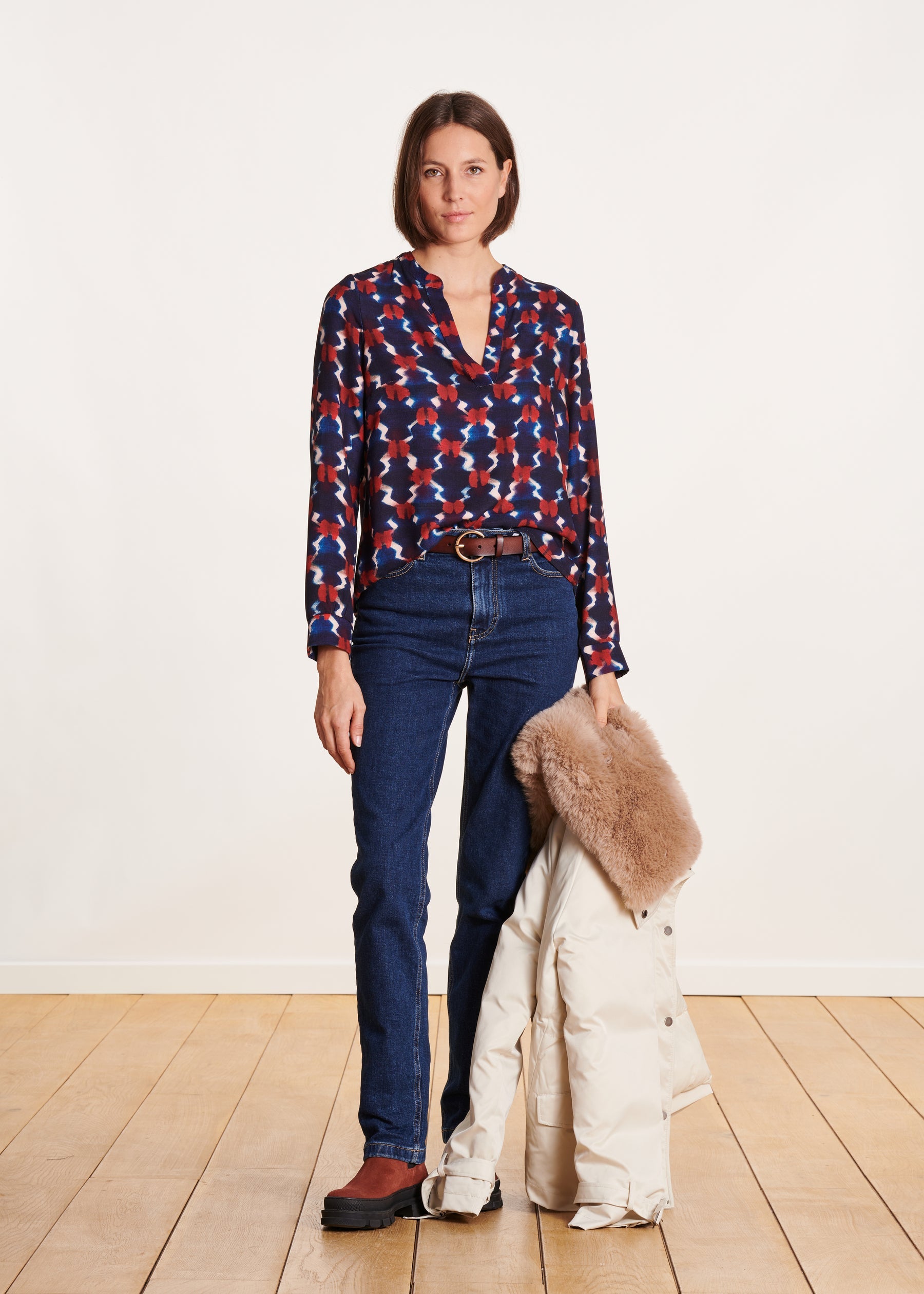 Top manches longues à imprimé bleu et rouge