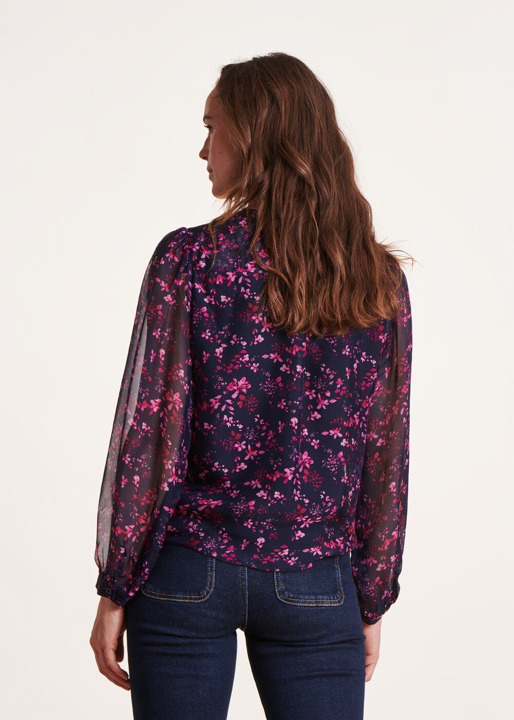 Top en voile à imprimé à fleurs bleu et violet