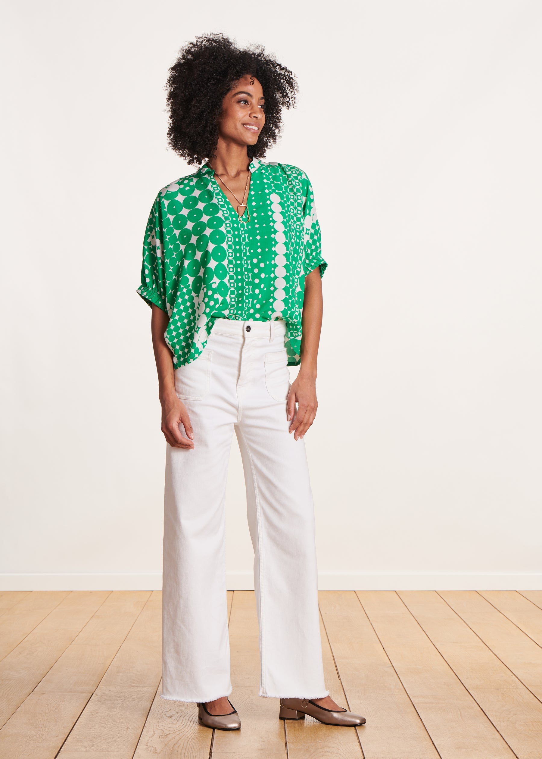 Top vert court imprimé à manches courtes