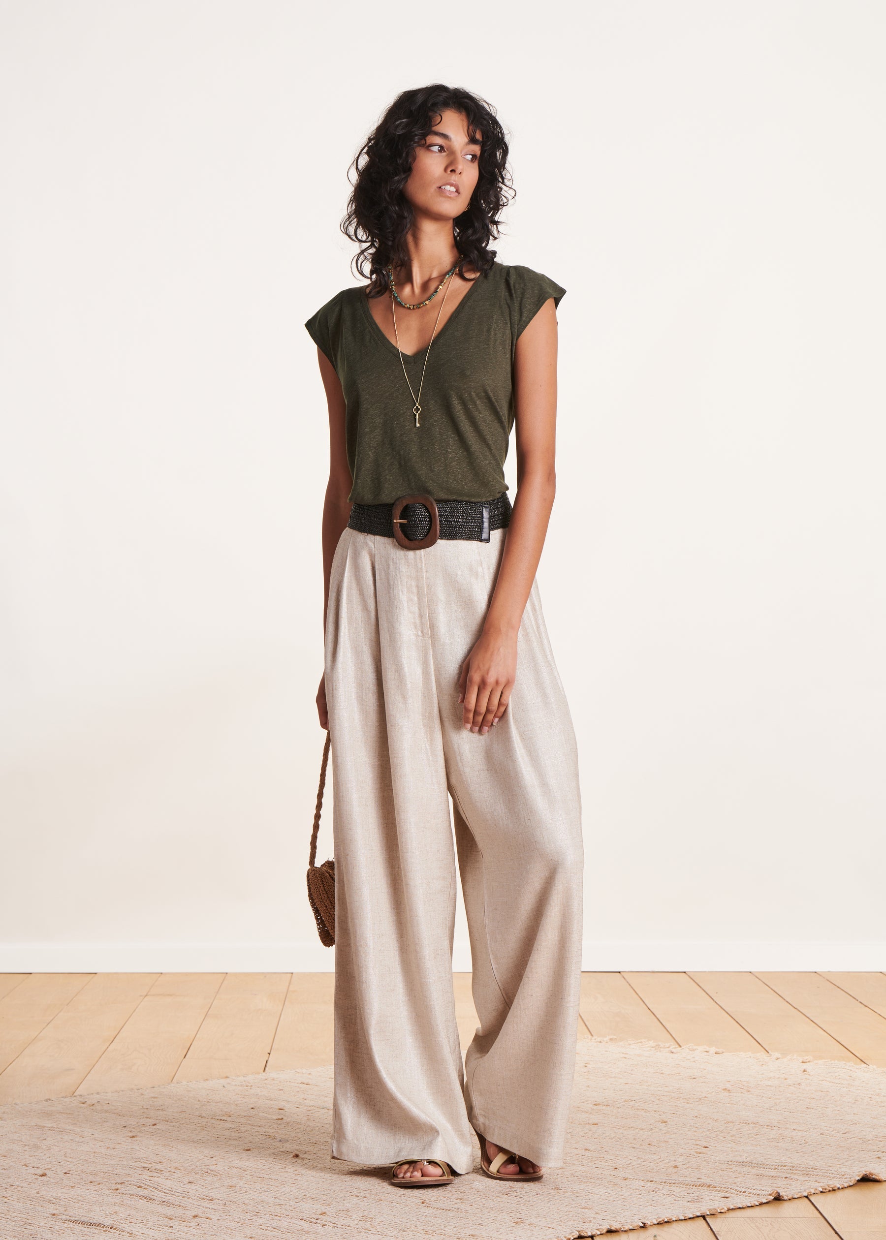 T-shirt ample kaki manches courtes en lyocell lin