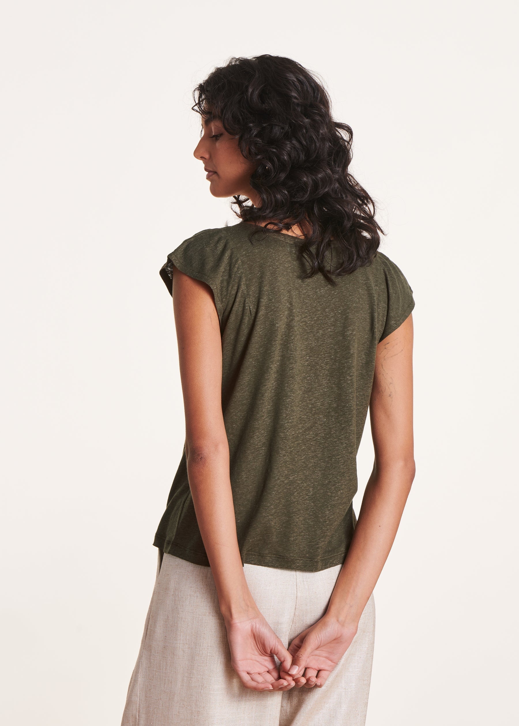 T-shirt ample kaki manches courtes en lyocell lin