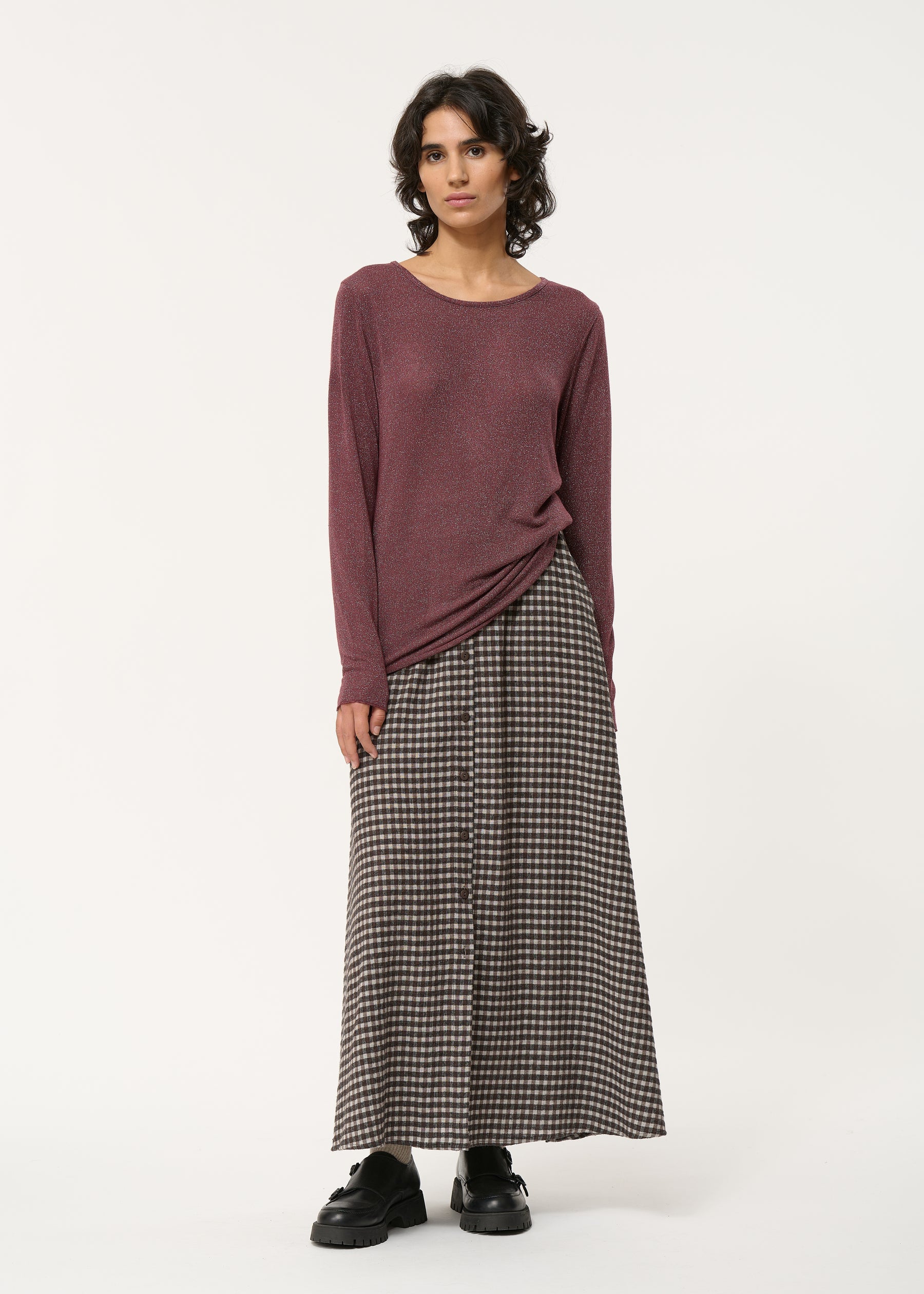 T-shirt bordeaux en jersey irisé manches longues - LIE DE VIN#couleur_LIE DE VIN