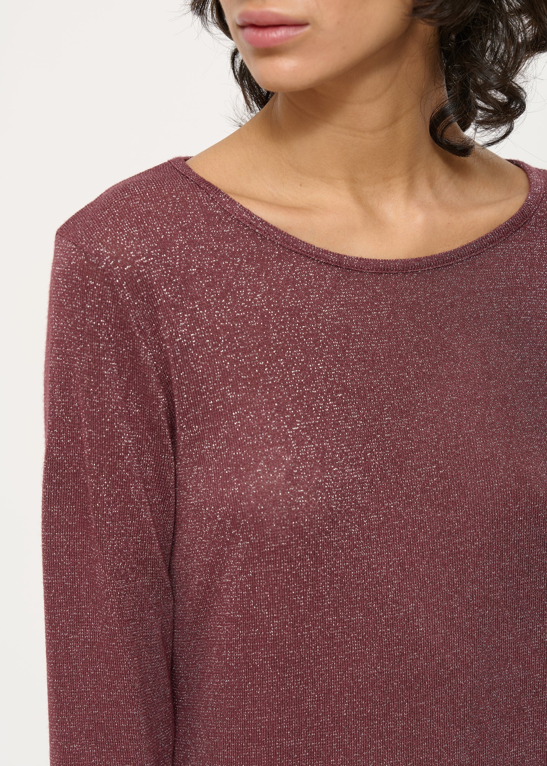 T-shirt bordeaux en jersey irisé manches longues - LIE DE VIN#couleur_LIE DE VIN