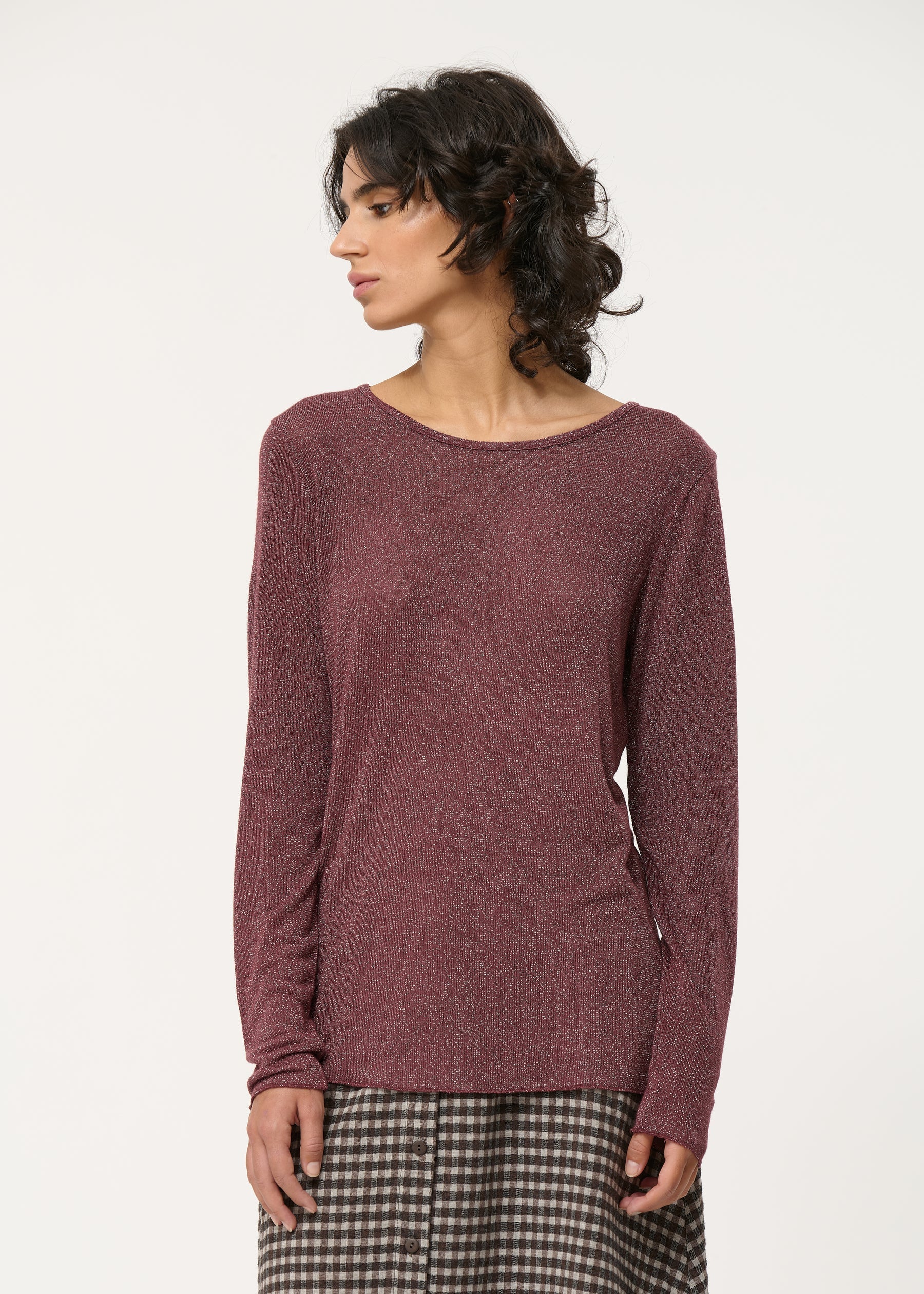 T-shirt bordeaux en jersey irisé manches longues - LIE DE VIN#couleur_LIE DE VIN