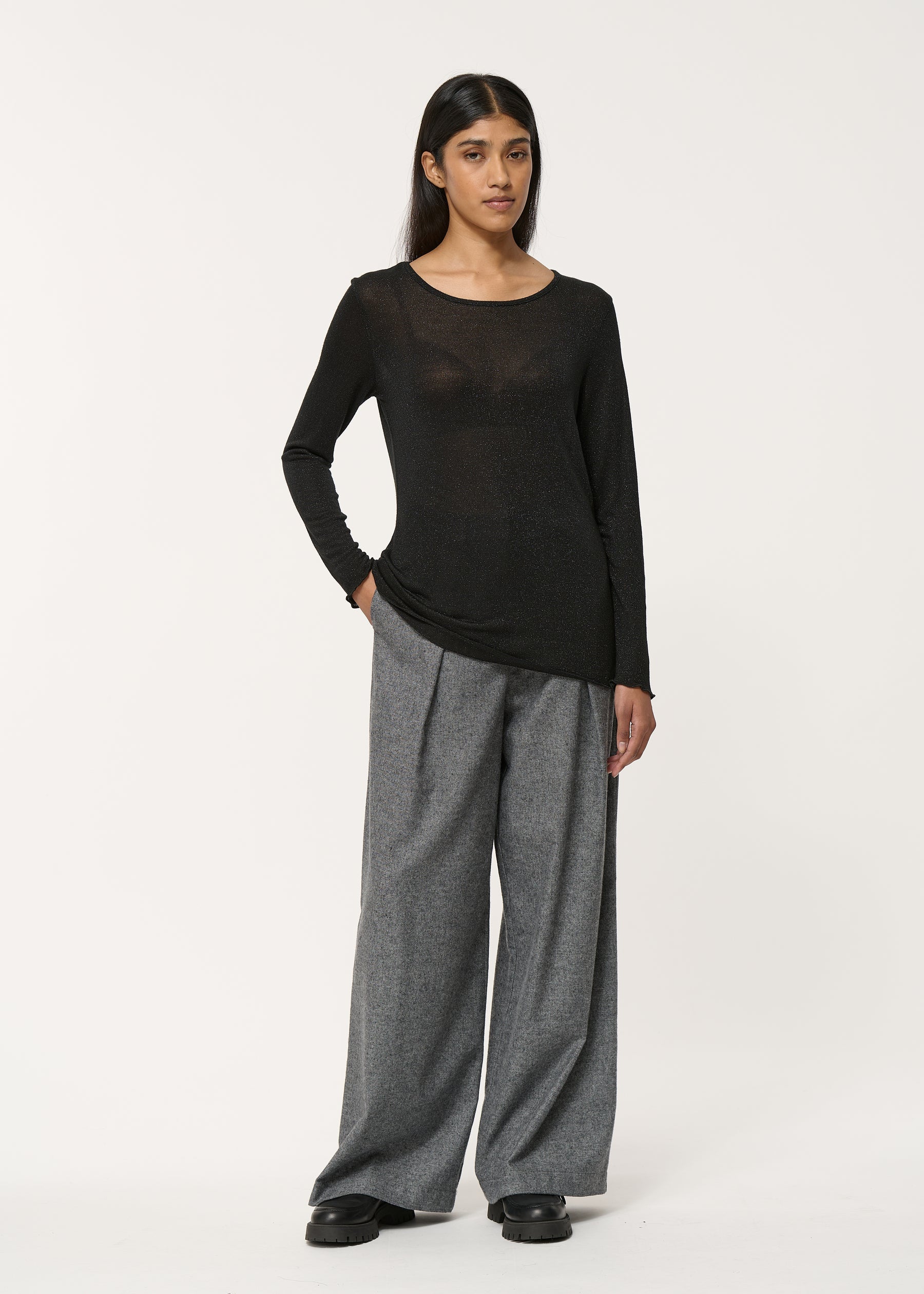 T-shirt noir en jersey irisé manches longues - NOIR#couleur_NOIR