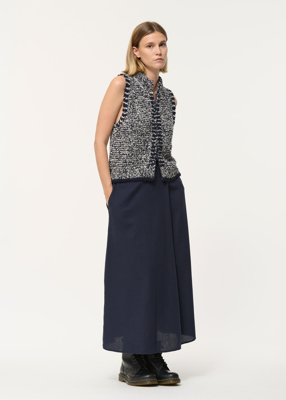 Gilet court bleu marine sans manches maille bicolore - MARINE#couleur_MARINE