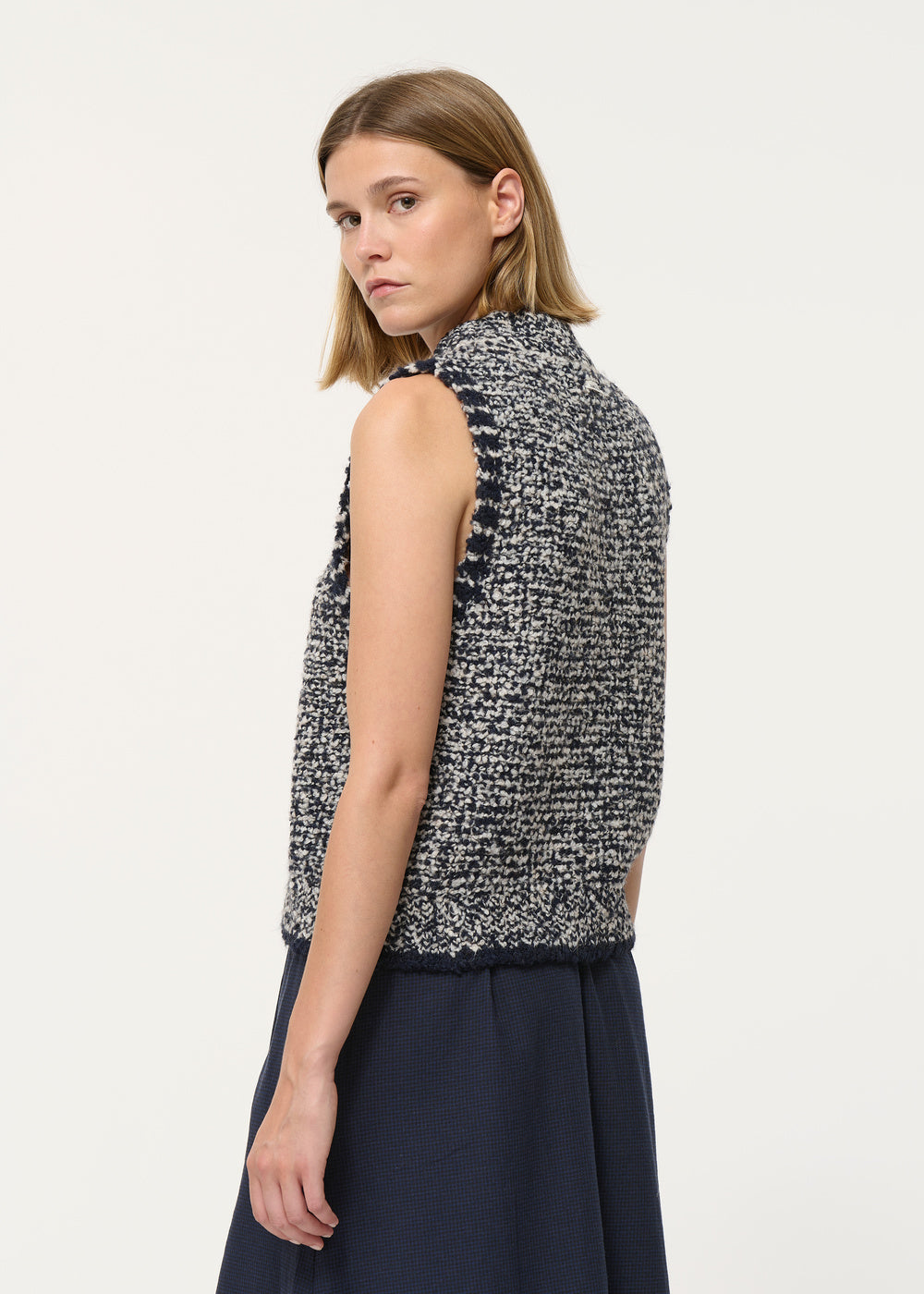 Gilet court bleu marine sans manches maille bicolore - MARINE#couleur_MARINE