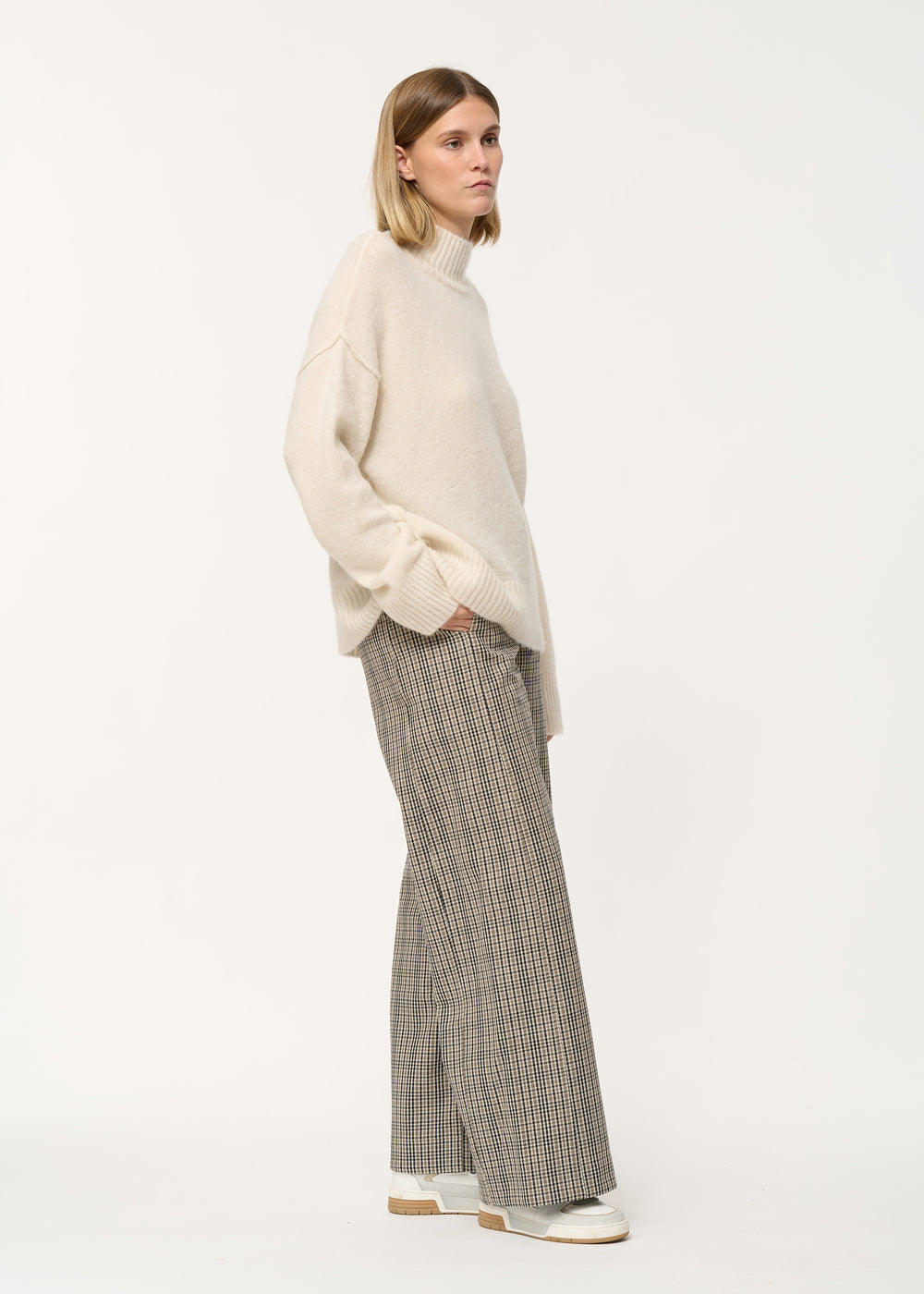 Pantalon large gris à carreaux en coton - SABLE#couleur_SABLE