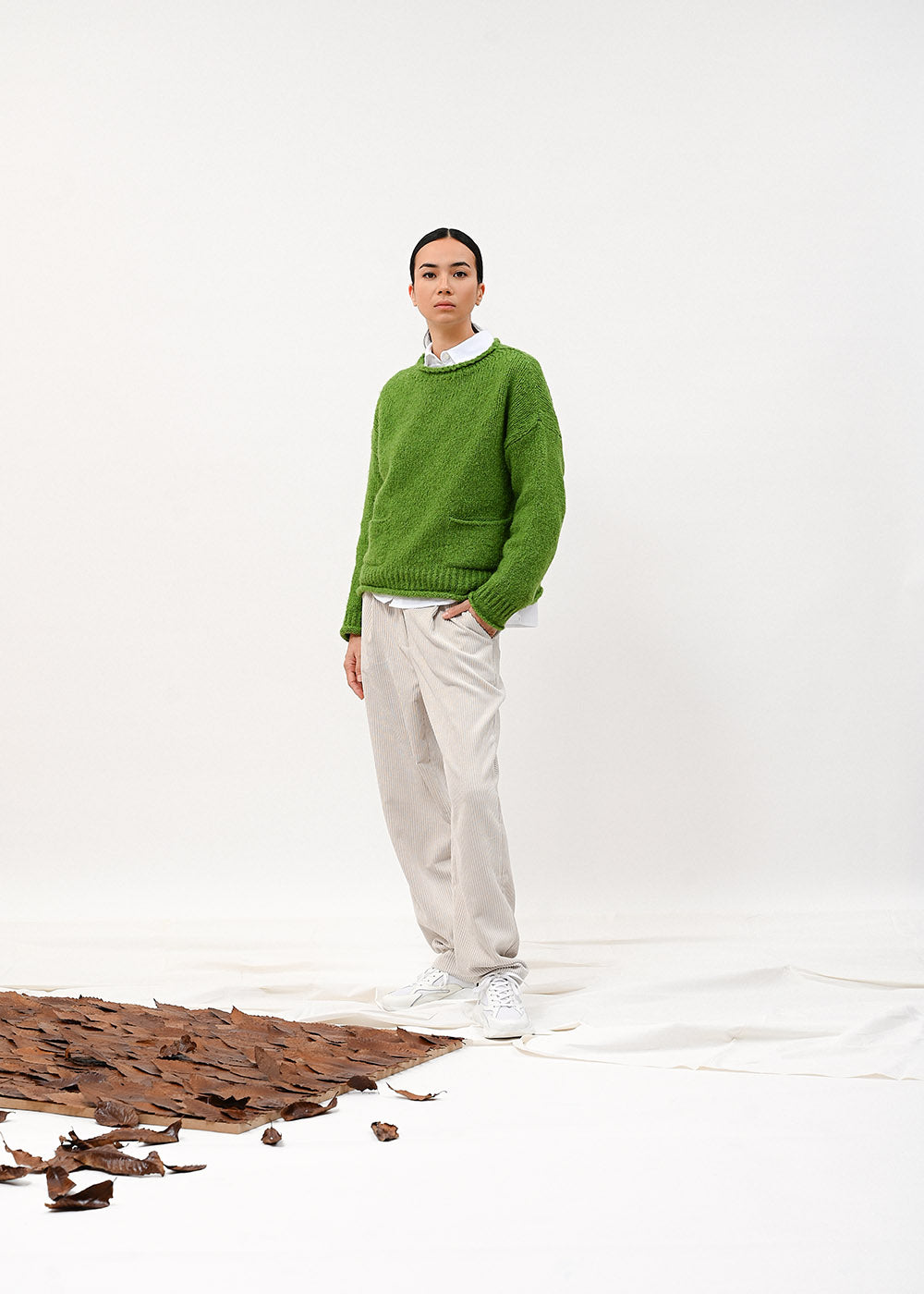 Pull vert oversize en maille épaisse encolure bateau