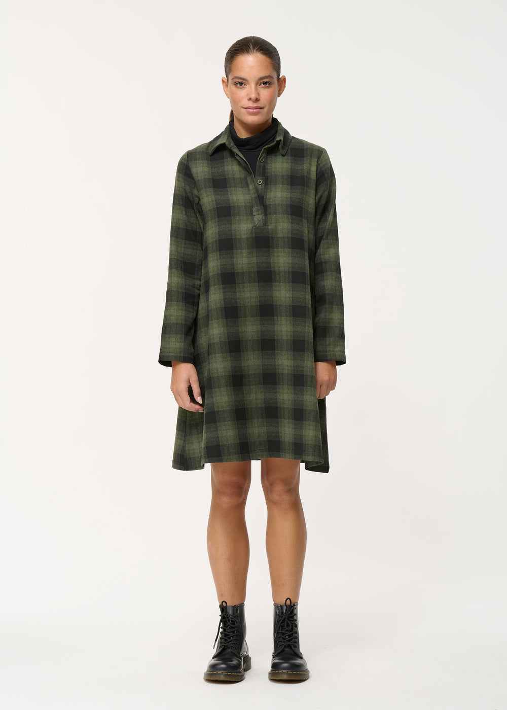 Robe courte verte col chemise à imprimé carreaux - FORET#couleur_FORET