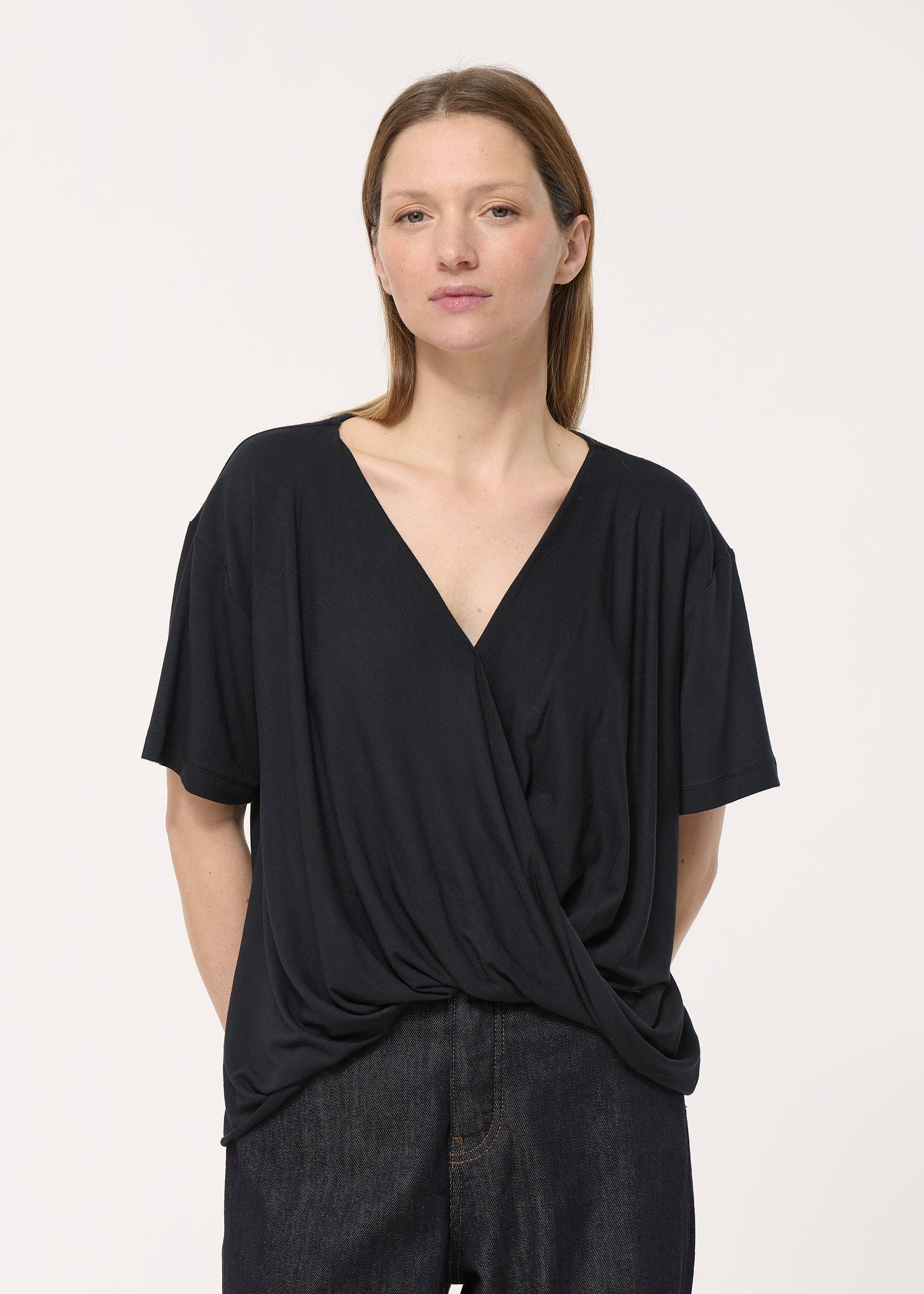 T-shirt noir effet cache-cœur drapé - NOIR#couleur_NOIR