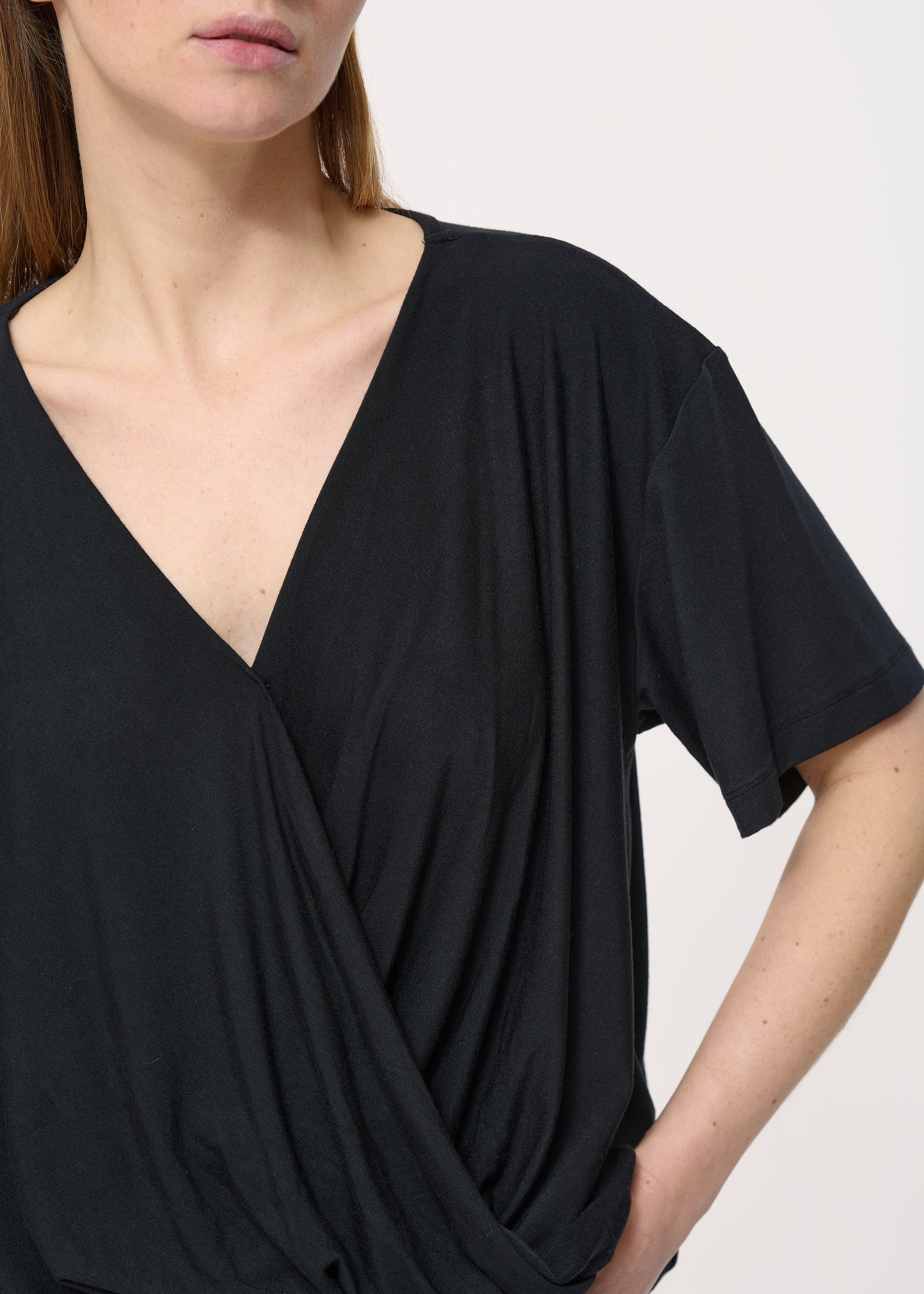 T-shirt noir effet cache-cœur drapé - NOIR#couleur_NOIR