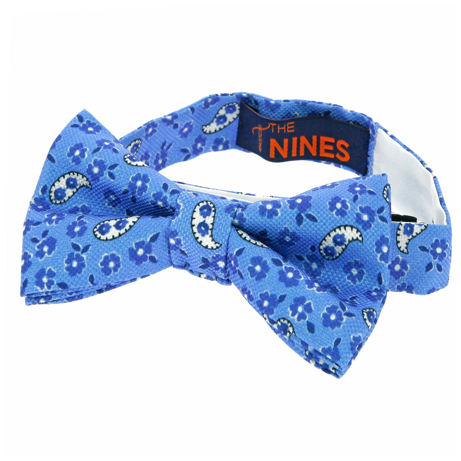 Noeud papillon motif cachemire et fleurs bleu ciel