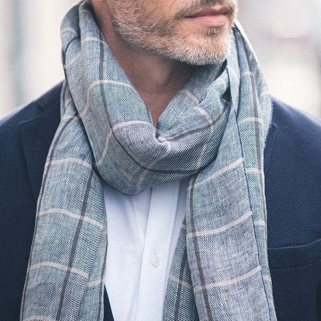 Linen check scarf - Navy blue