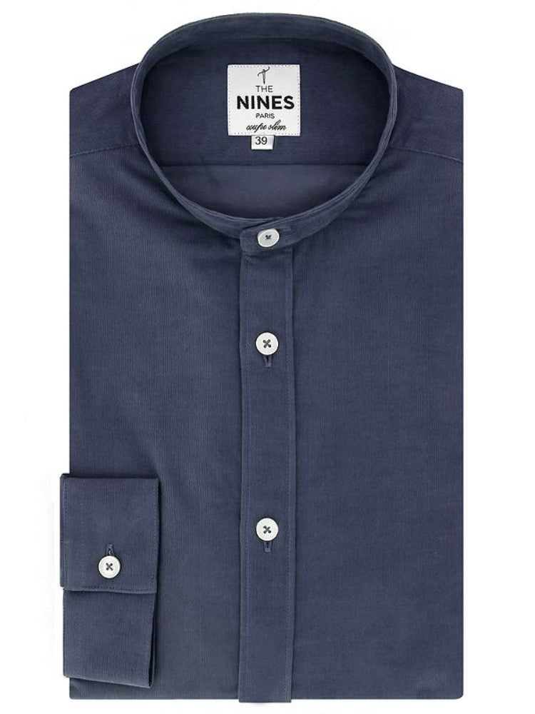 Chemise col officier en velours côtelé bleu acier