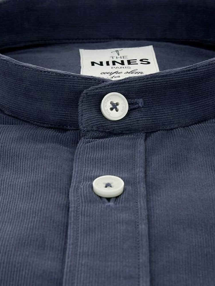 Chemise col officier en velours côtelé bleu acier