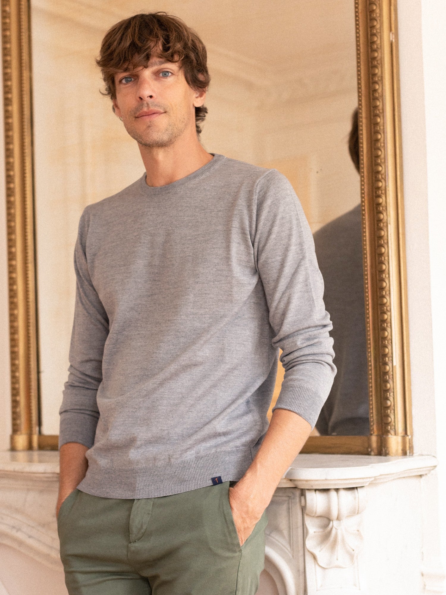 Pull col rond gris clair cashwool