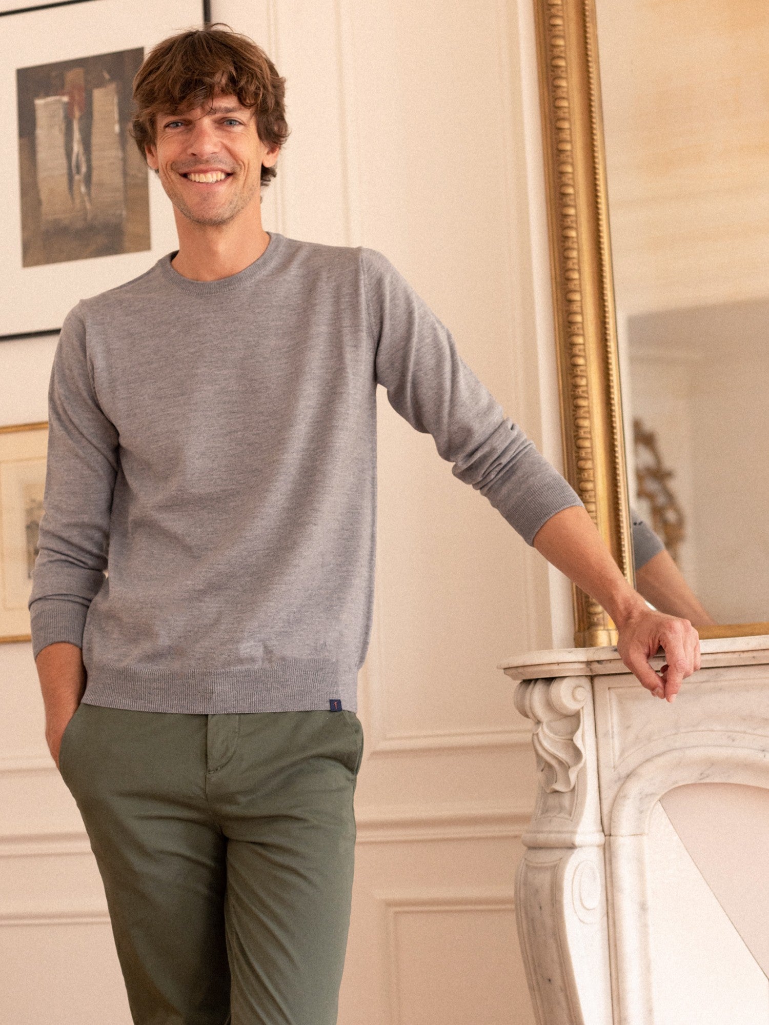 Pull col rond gris clair cashwool