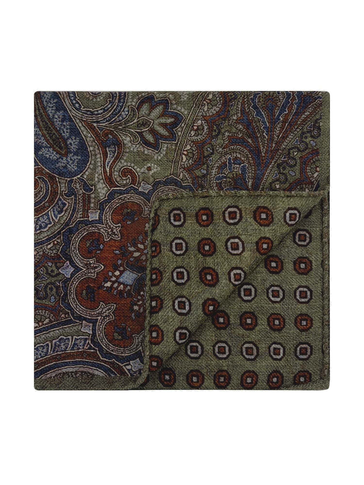 Pochette de costume à motif cachemire en laine réversible vert kaki