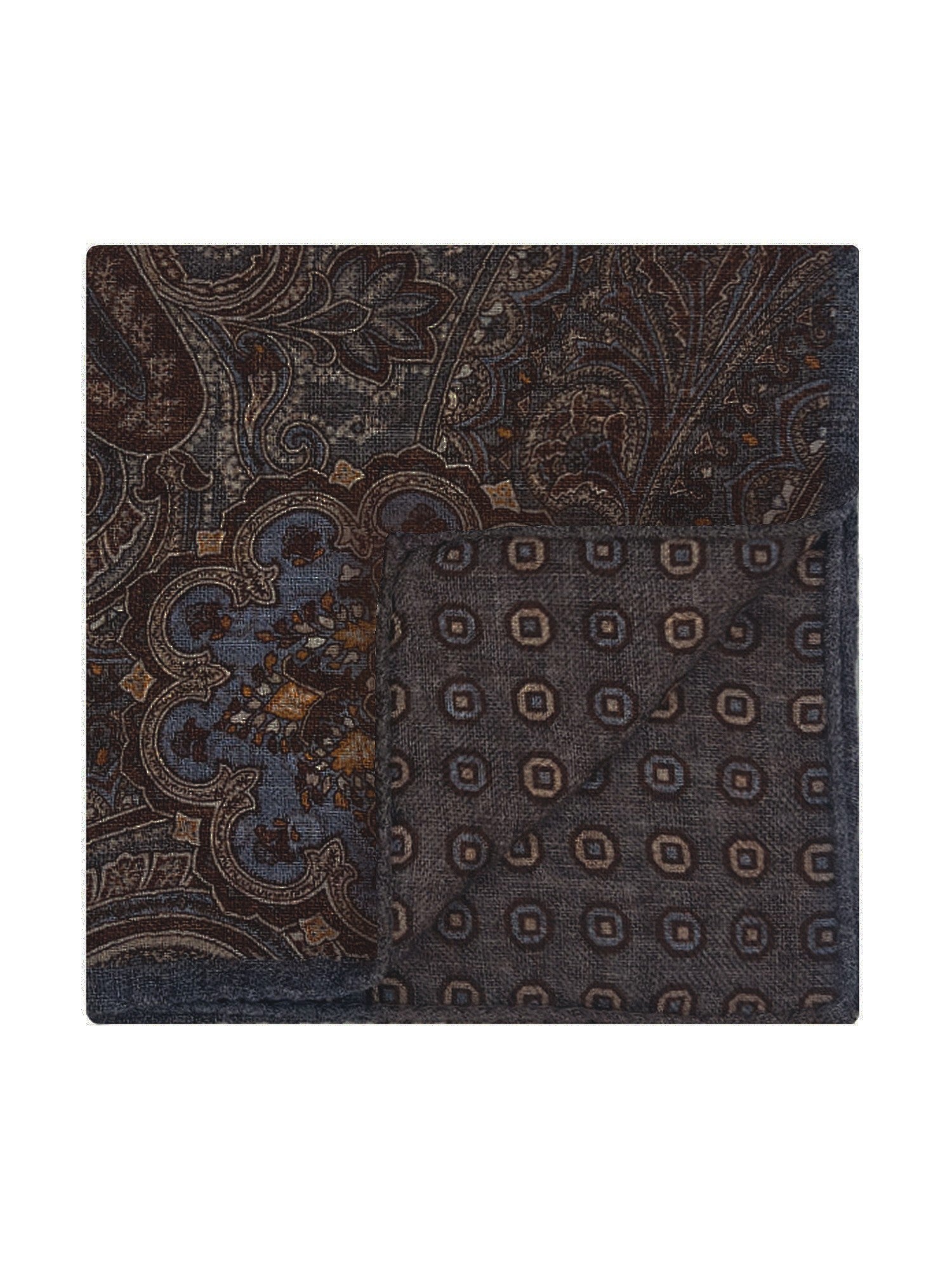 Pochette de costume à motif cachemire en laine réversible bleue et grise