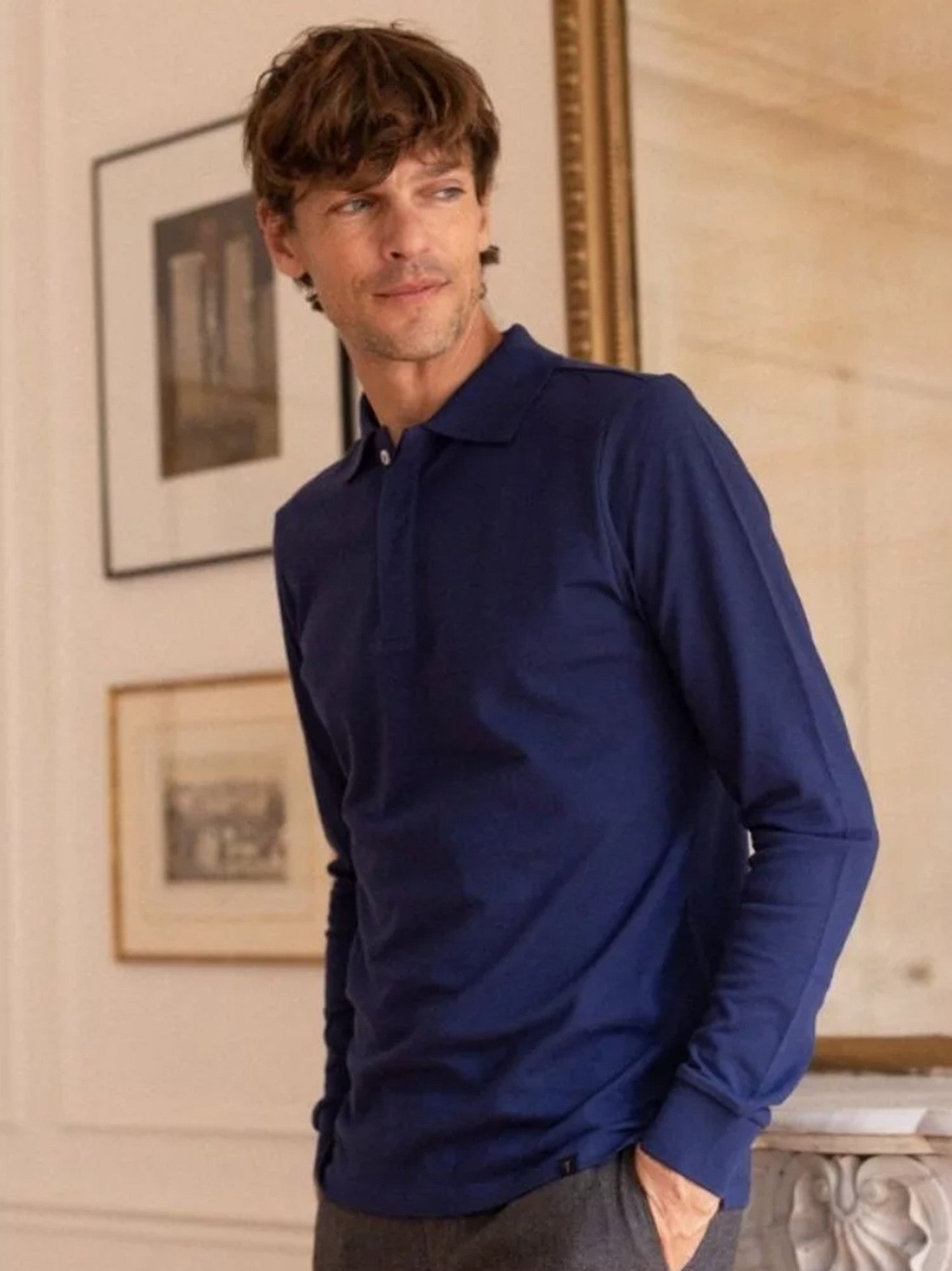 Polo manches longues en coton bio bleu nuit