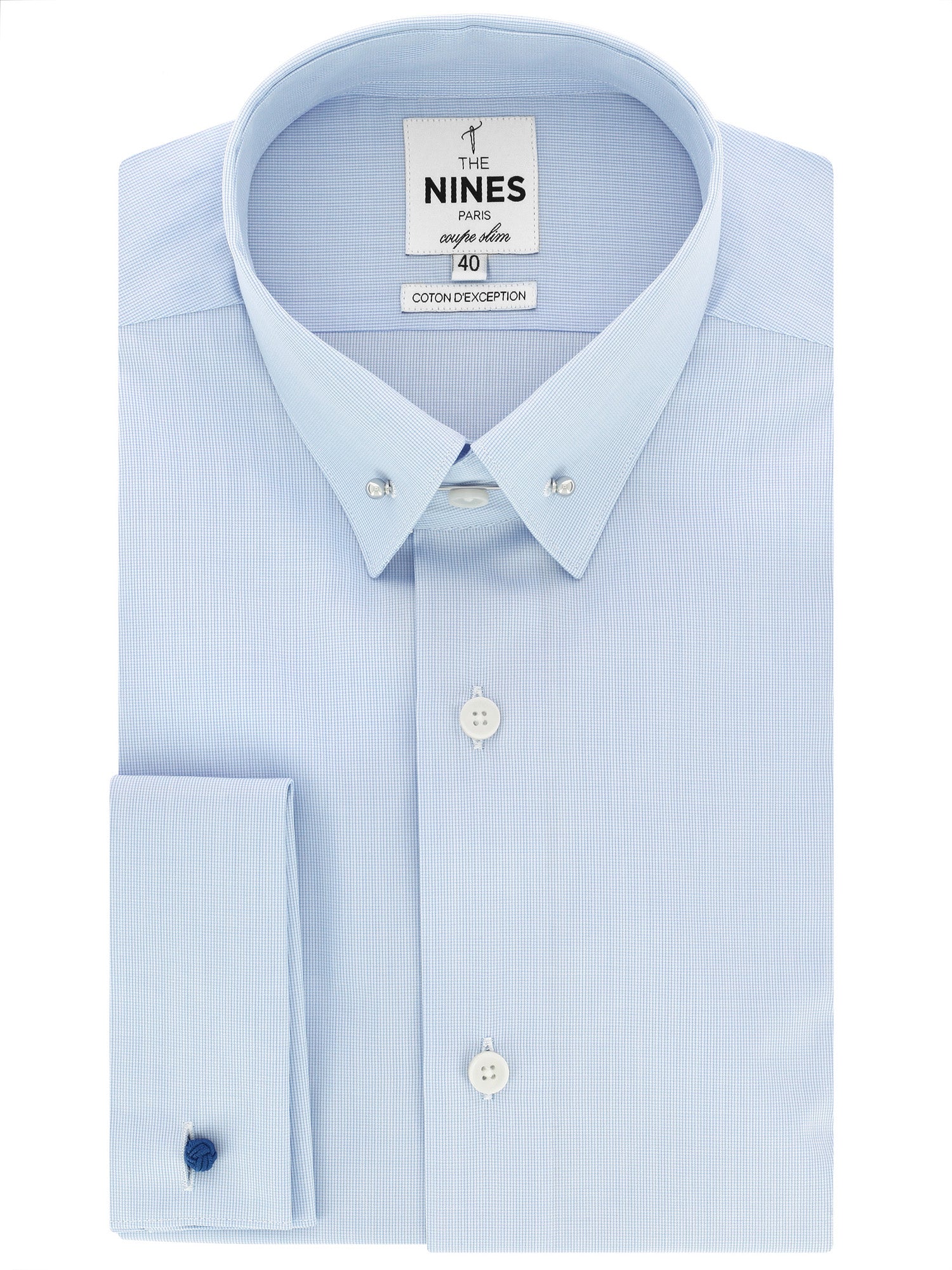 Blue check musketeer shirt with pin collar