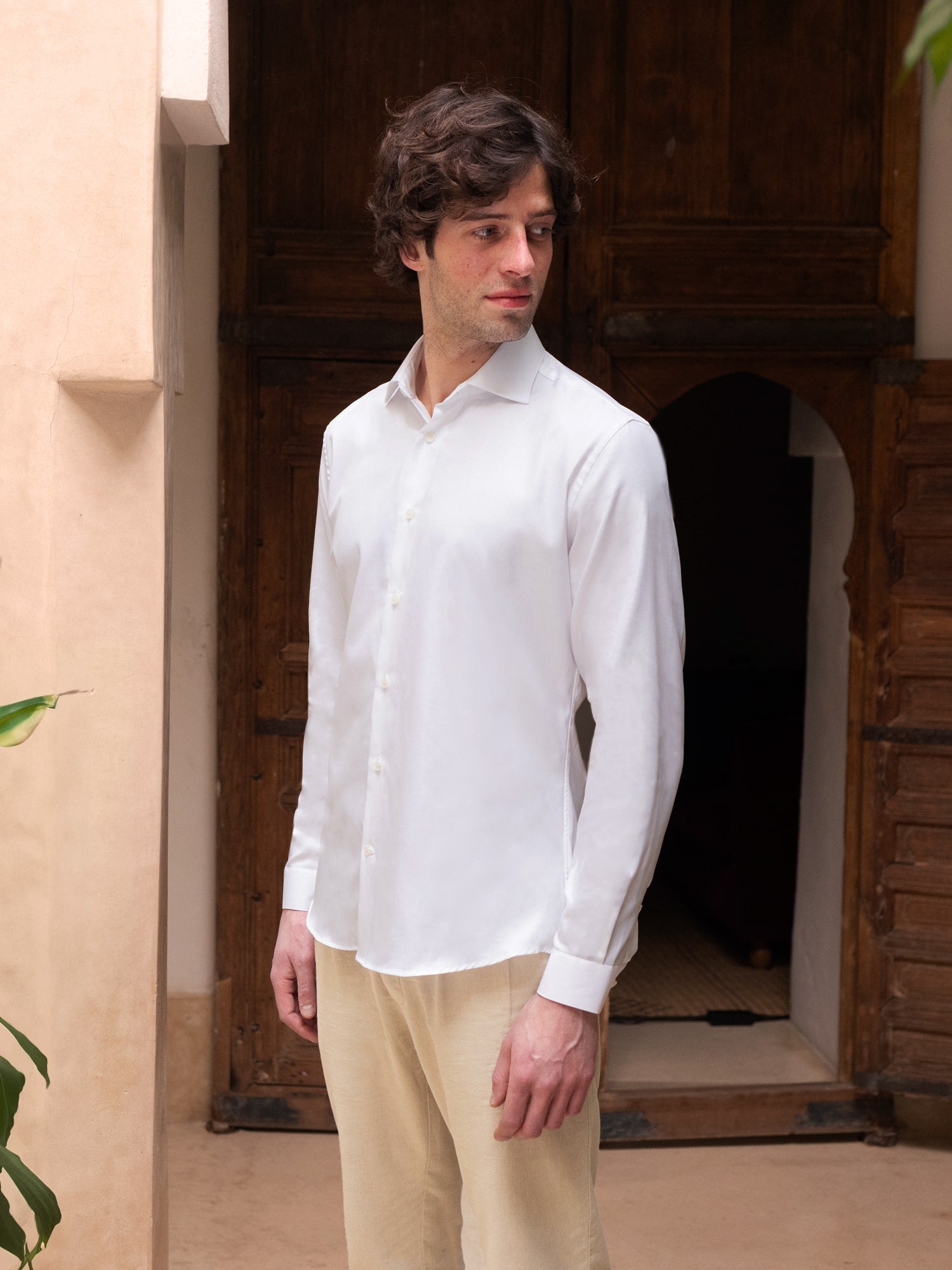 Chemise col italien en twill blanc