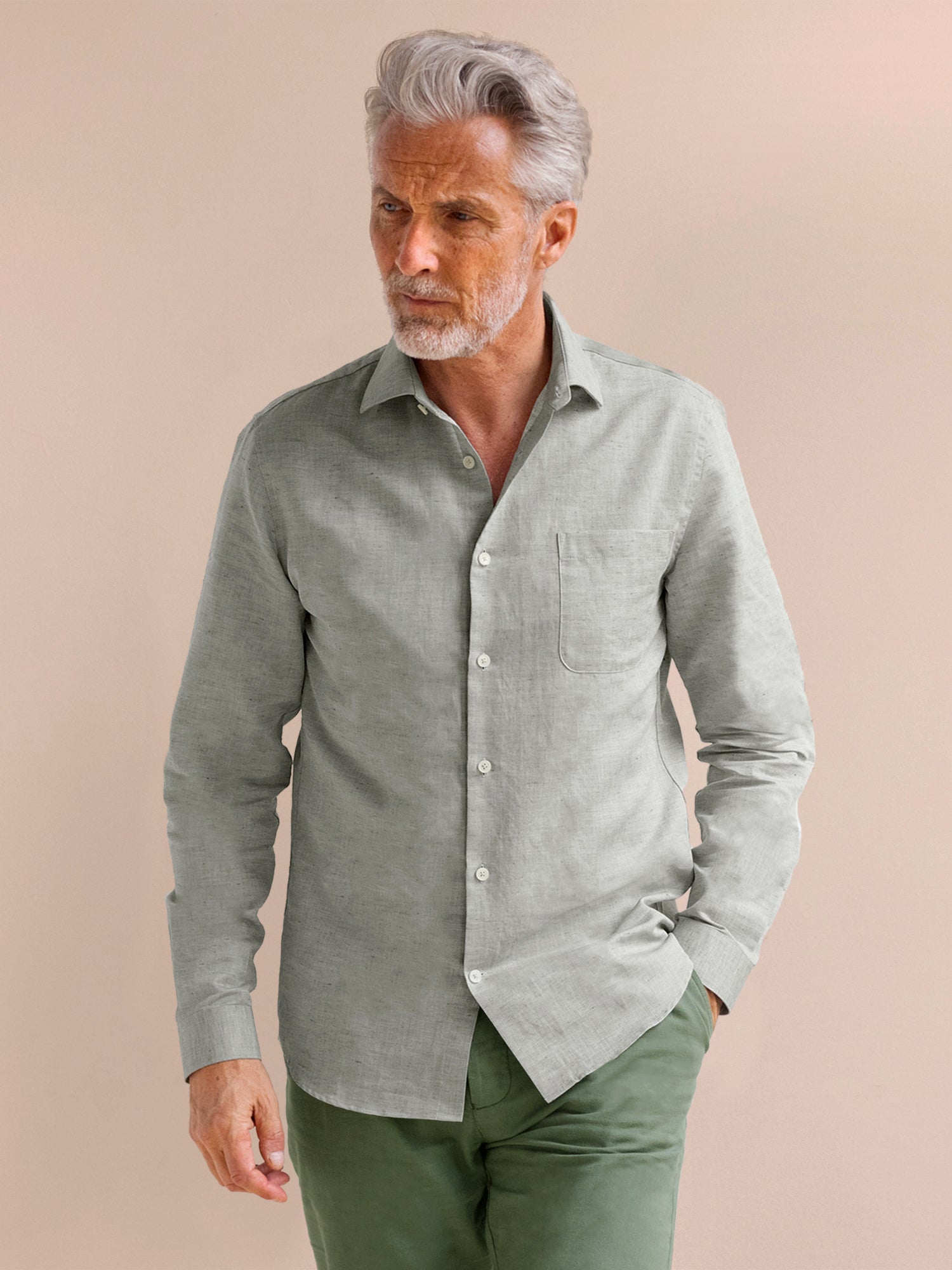 Chemise col italien en lin et coton vert olive