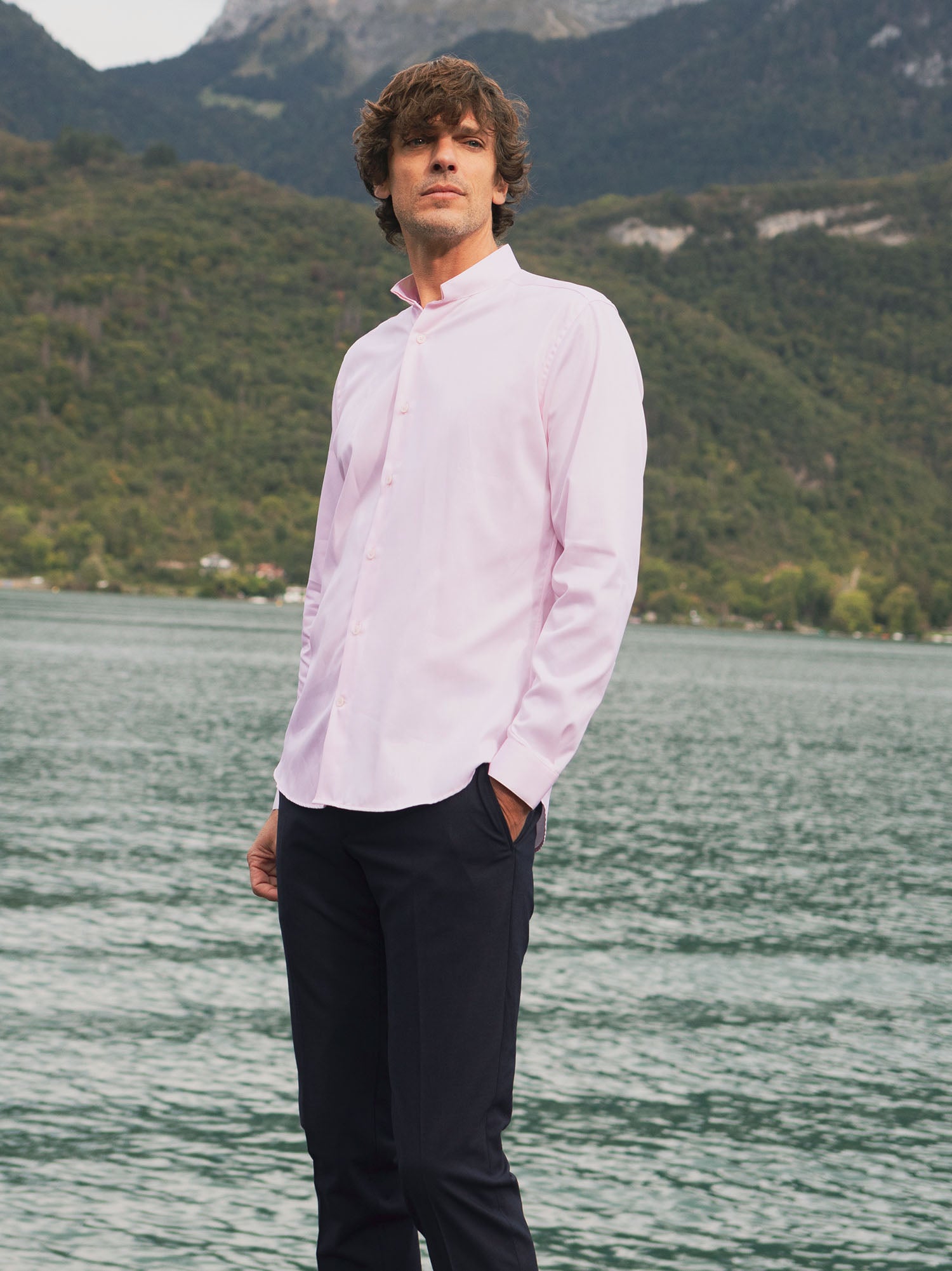 Chemise col inversé mini twill rose