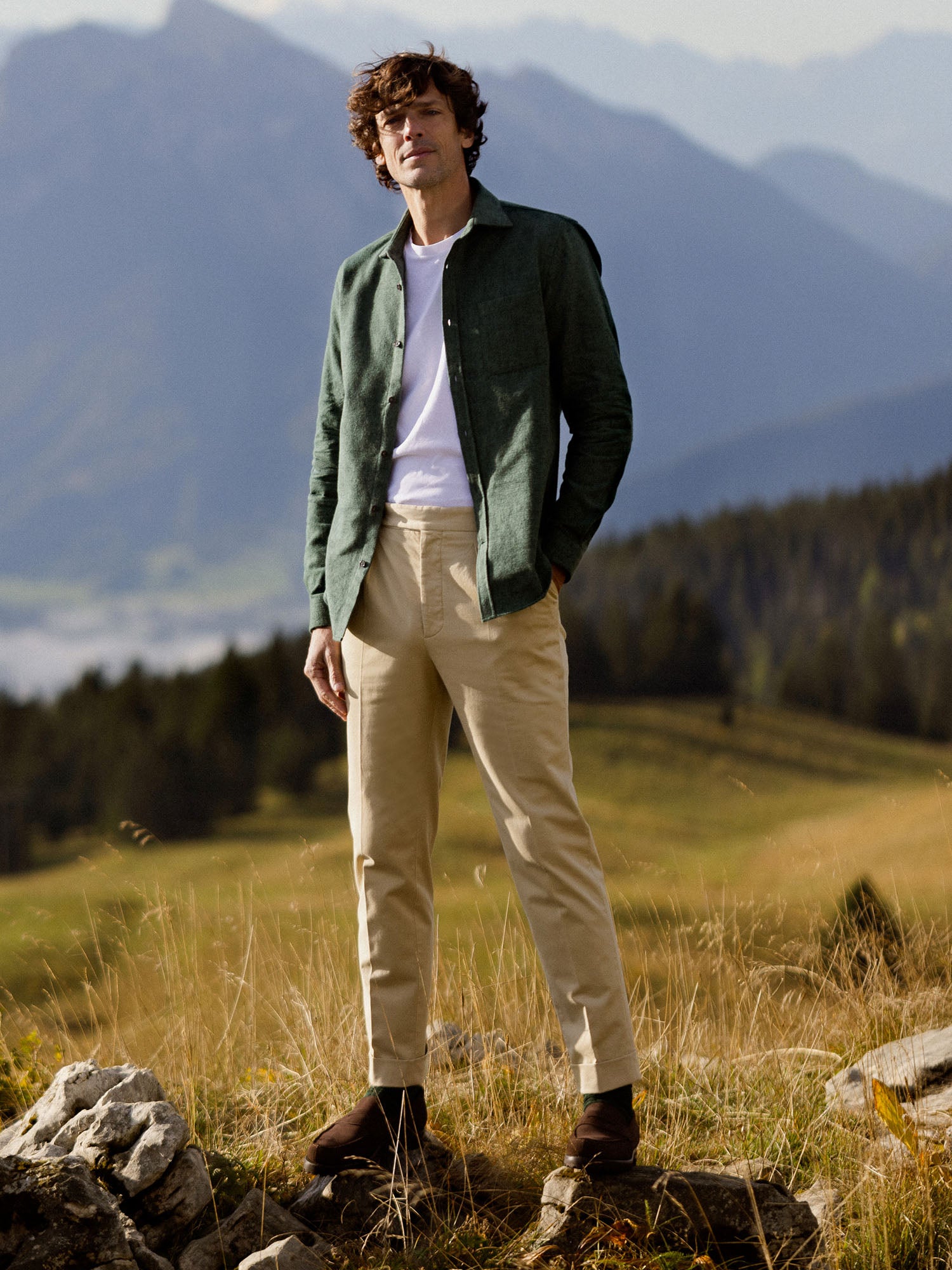 Chemise verte en flanelle épaisse col italien