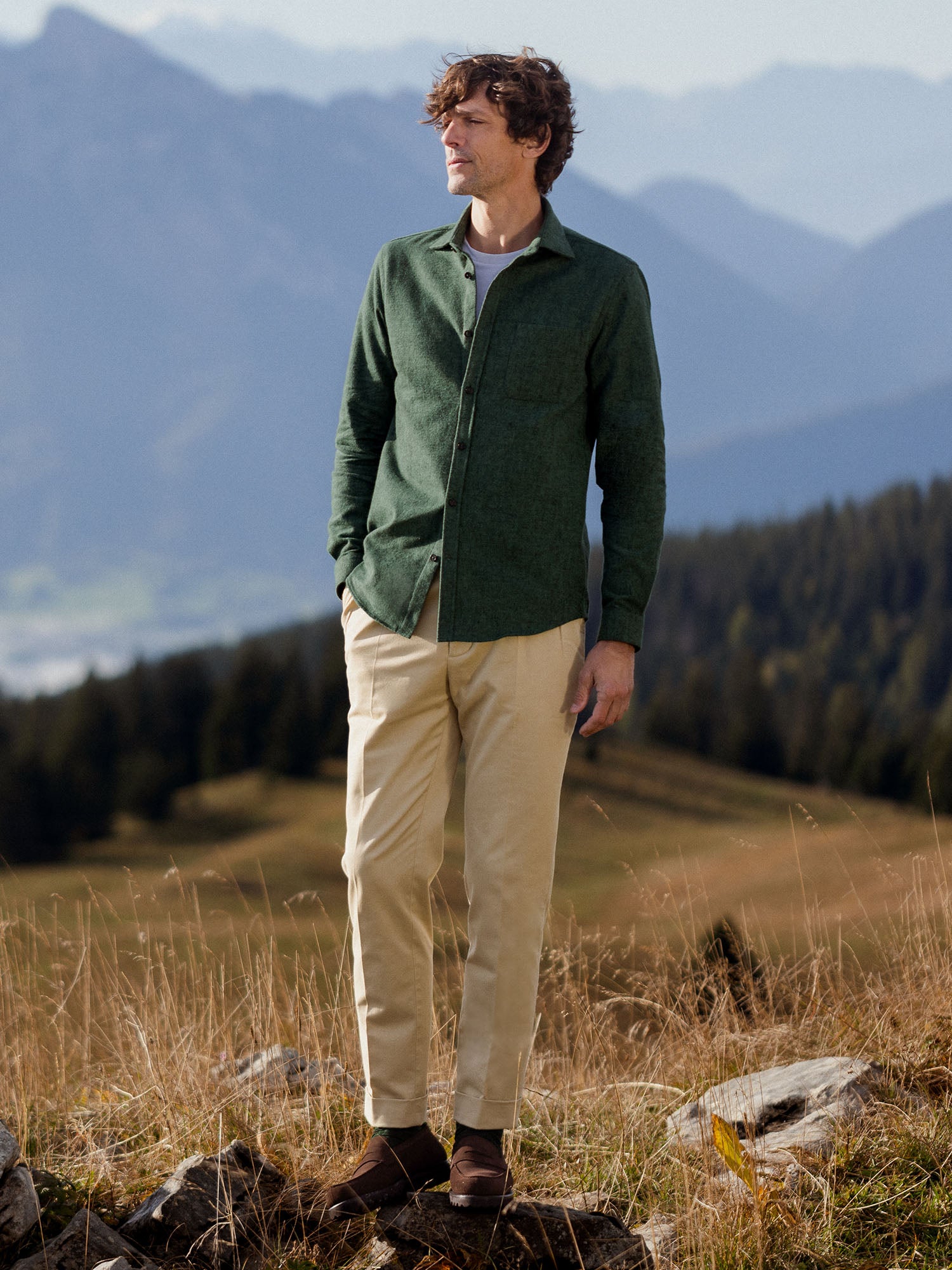 Chemise verte en flanelle épaisse col italien