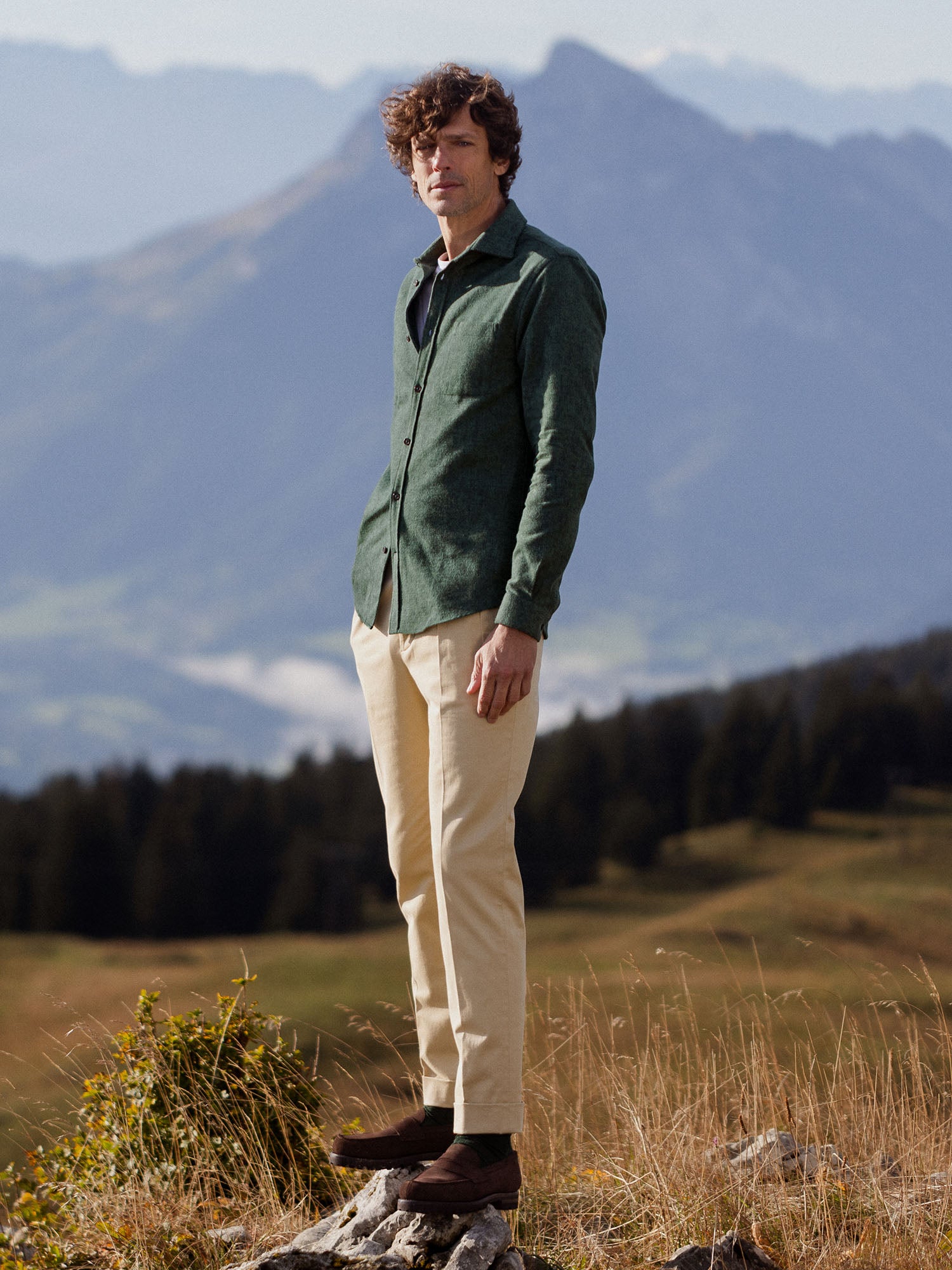 Chemise verte en flanelle épaisse col italien